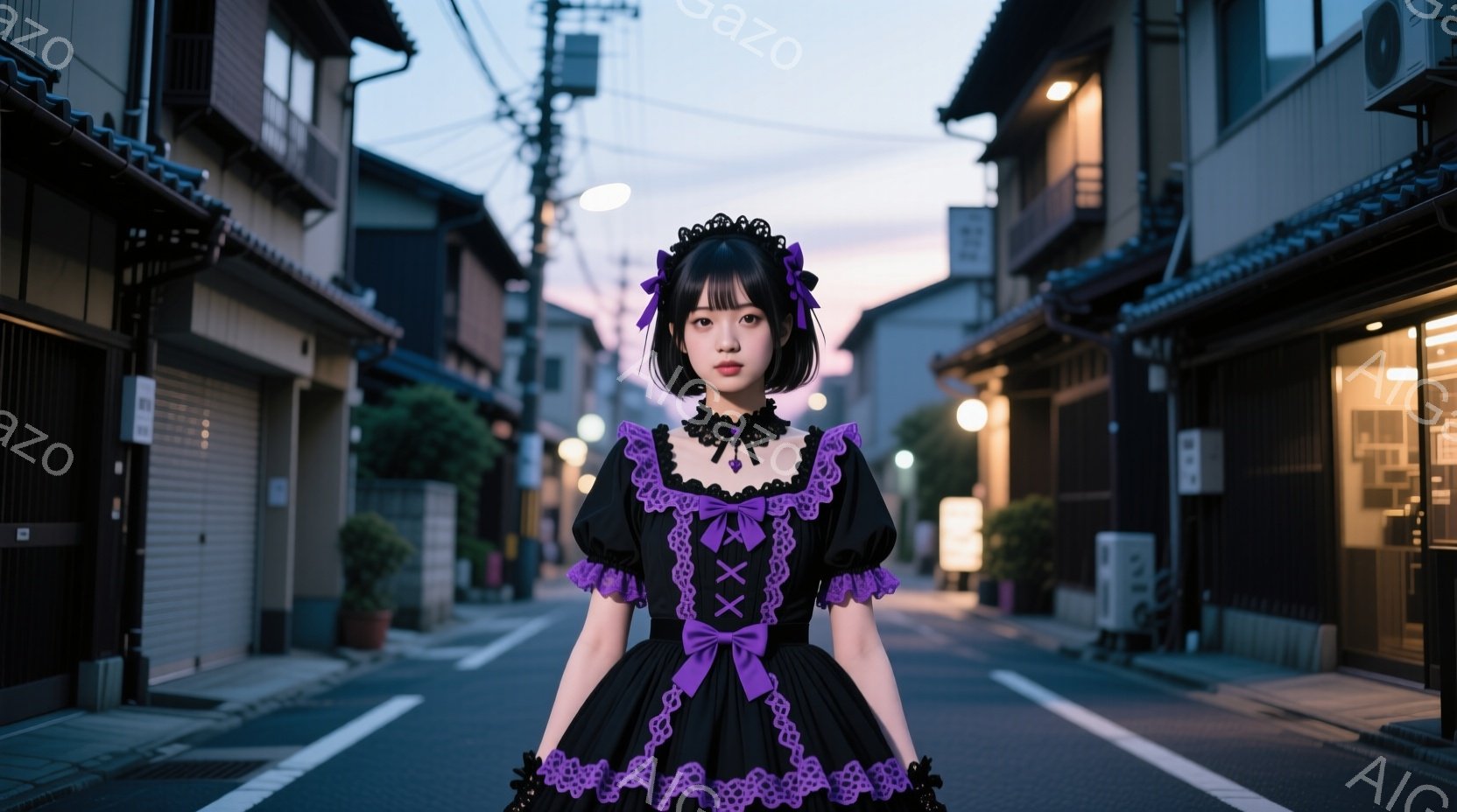 黒いゴシックロリータドレスを着た若い女性が、路地の中央に立っている。ドレスはフリルとリボンで飾られ、紫色のアクセントが施されている。背景には伝統的な日本の建物が並び、夕暮れ時の空が薄暗い光を投げかけている。