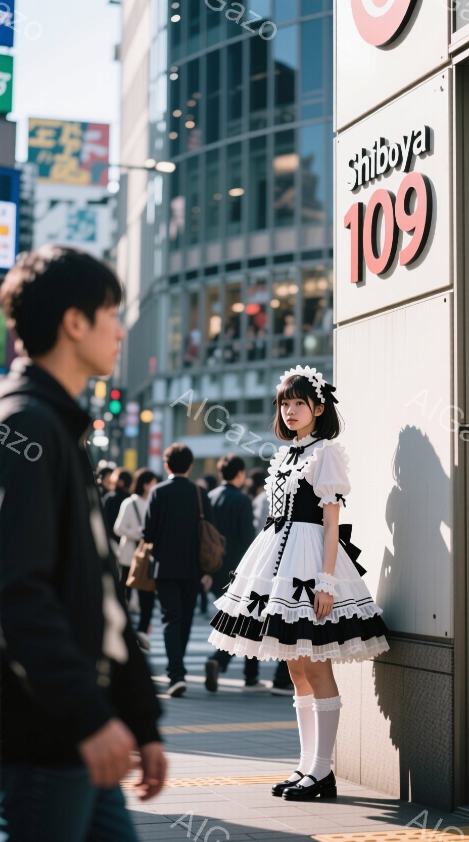 画像には、渋谷の街中でメイド風の服装をした若い女性が写っています。彼女はフリルたっぷりの黒と白のワンピース、白いニーハイソックス、黒いメリージェーンシューズを着用し、髪はリボンで飾られています。背景には、多くの歩行者と商店が写り、活気のある都市の雰囲気を醸し出しています。