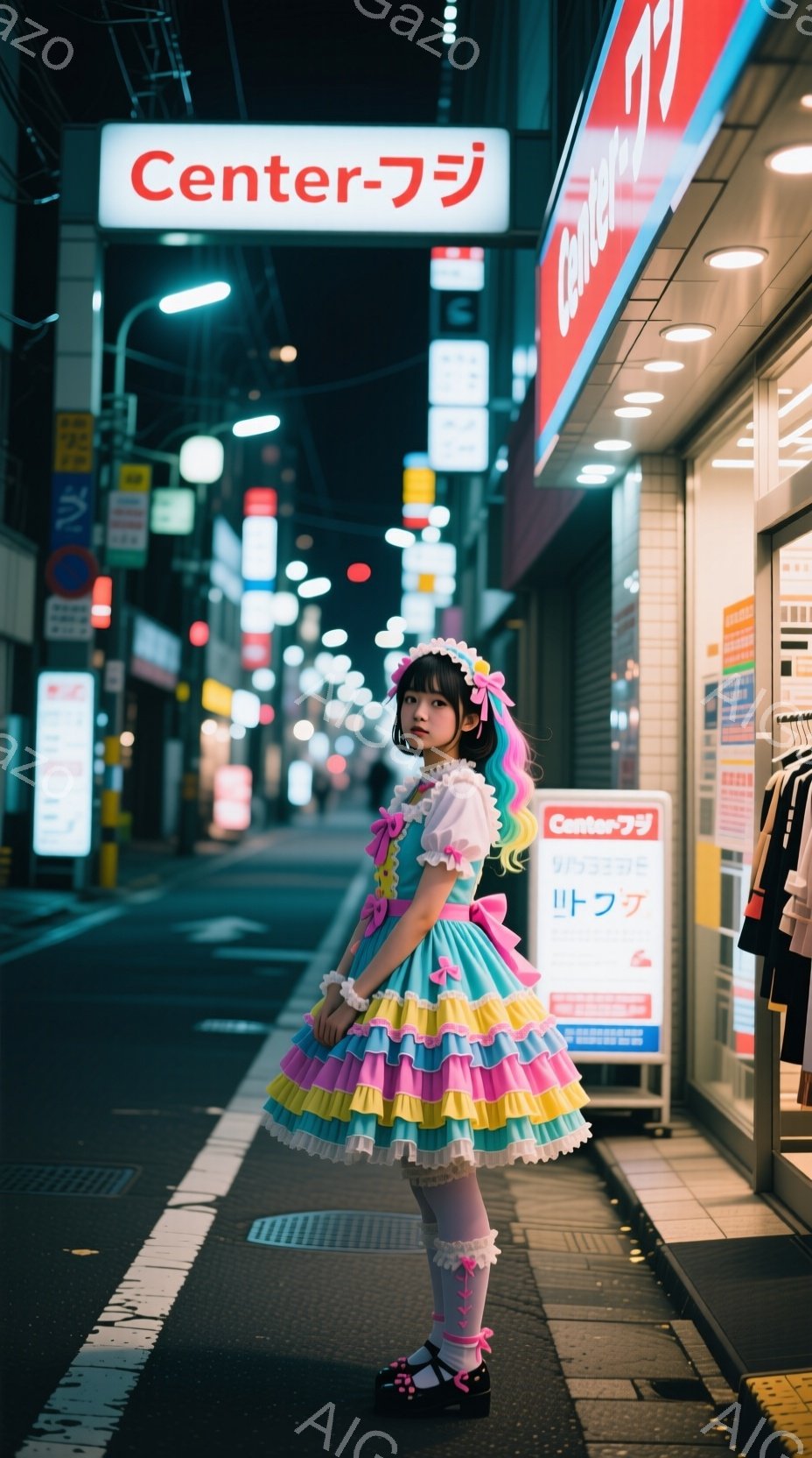 少女は、ターコイズブルー、ピンク、黄色、水色のフリルスカートと白いブラウスを着て、カラフルなヘアアクセサリーをつけています。彼女は少し上目遣いで、少し微笑んでいるように見え、両手を体の横に沿って置いています。背景は日本の賑やかな街並みで、ネオンサインが輝き、暗い夜道を照らしています。