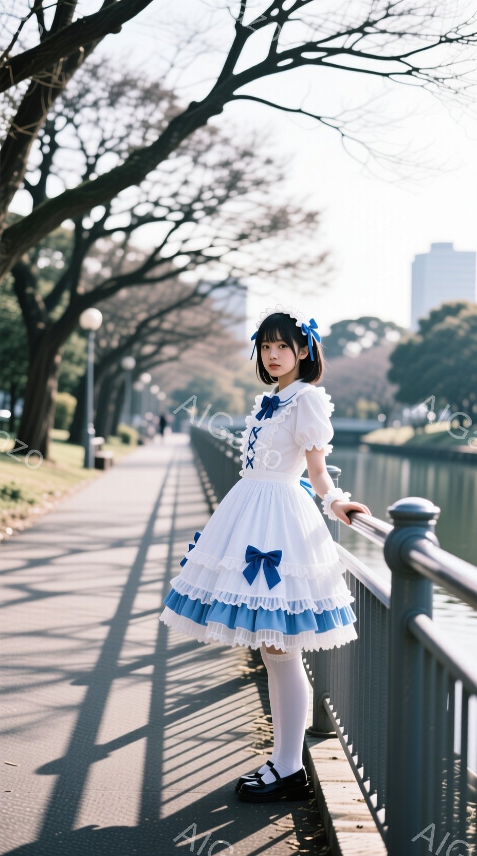 白いワンピースに青いリボンが可愛らしい少女が、橋の上でポーズをとっています。彼女は膝下まで伸びる白い靴下と黒い靴を履き、髪はリボンで結ばれています。背景には湖と、まだ葉の少ない木々が広がり、晴れた日の穏やかな雰囲気が漂っています。