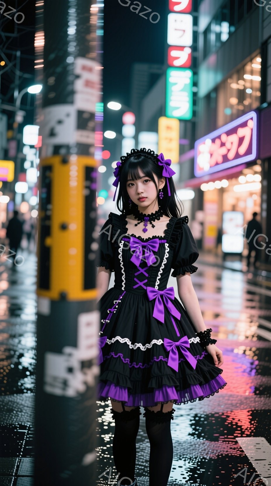 黒いロリータ風のワンピースを着た若い女性が、夜の街並みに立っている。フリルのついたドレスは黒と紫の配色で、頭にはリボンとアクセサリーが飾られている。雨上がりのアスファルトにはネオンライトが反射し、どこ - AI生成フリー素材