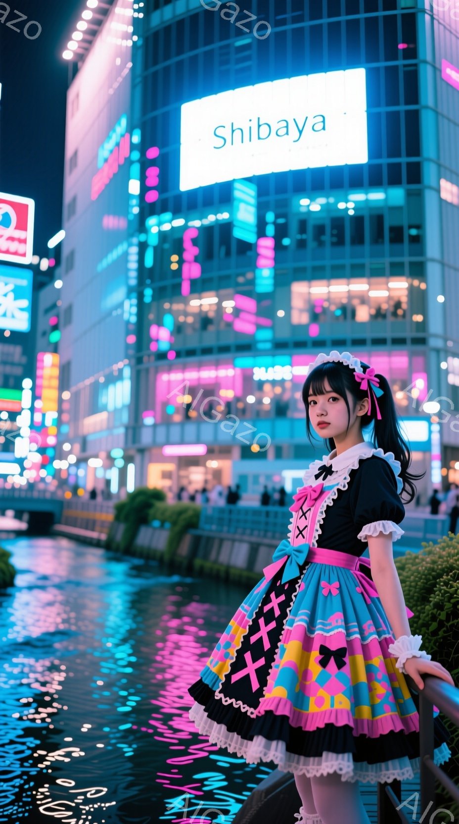 画像は渋谷の夜の風景で、ロリータファッションの少女が映っています。彼女はピンクと水色のドッキングドレスに黒いエプロンをつけ、フリルやリボンが特徴的な服装をしています。背景には高層ビル群がネオンで輝き、 - AI生成フリー素材