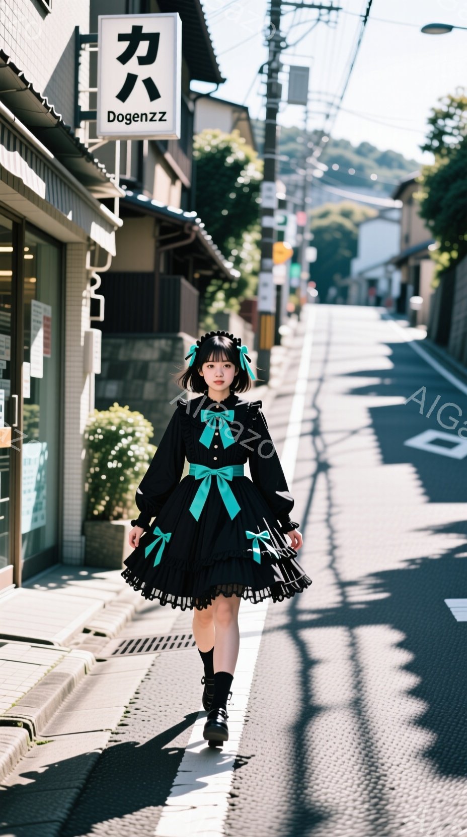 黒いフリル付きのワンピースを着た女性が、石畳の道を歩いている。彼女は膝丈のソックスとブーツを履いており、髪はリボンで飾られたポニーテールになっている。背景には古い建物と緑の木々が見え、強い日差しが石畳 - AI生成フリー素材