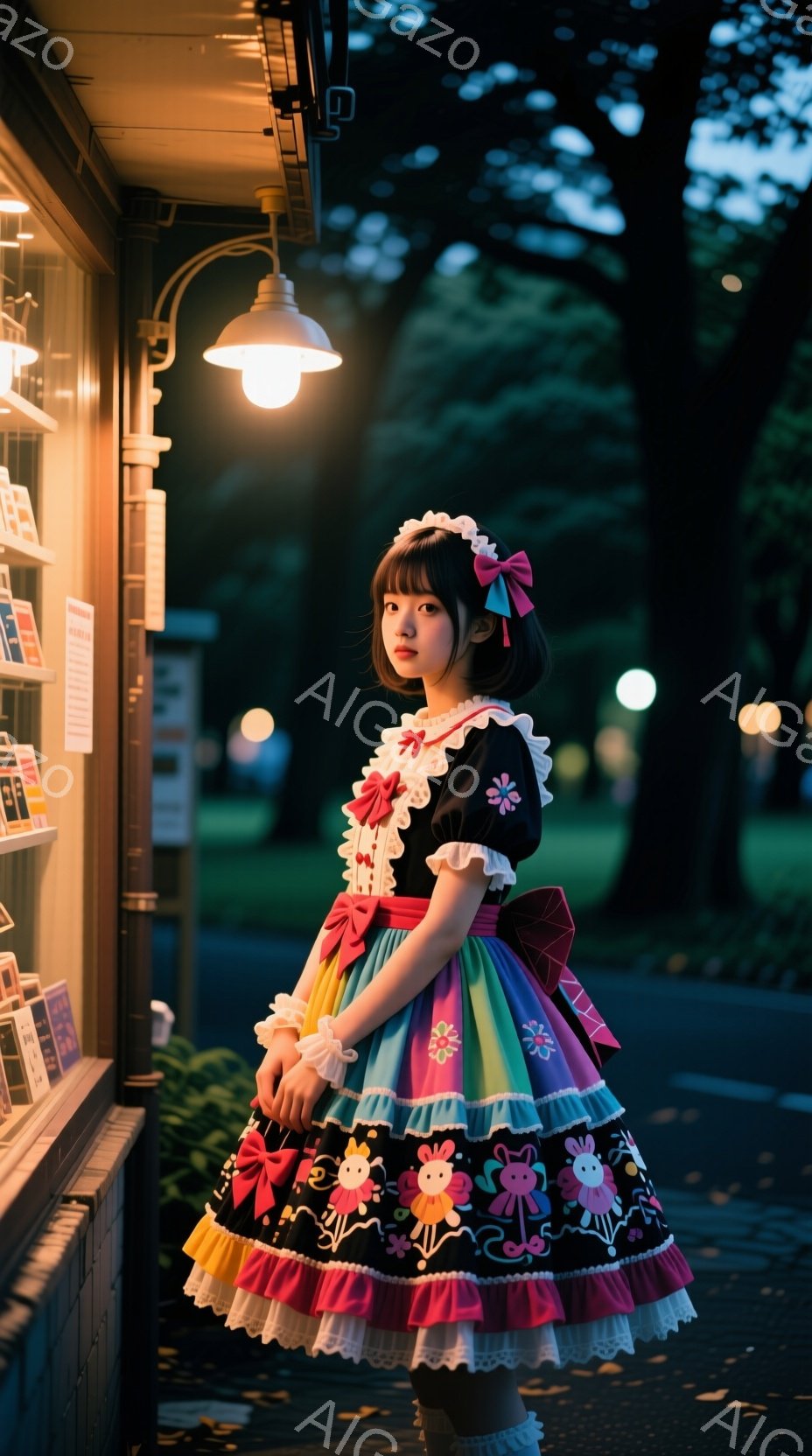 明るい色のフリルの多いドレスを着た若い女性が、夜の公園に立っています。彼女は黒い髪をリボンで飾り、少し微笑んだ表情をしています。背景には、ライトアップされた建物と木々が見え、夜の静かで幻想的な雰囲気を - AI生成フリー素材