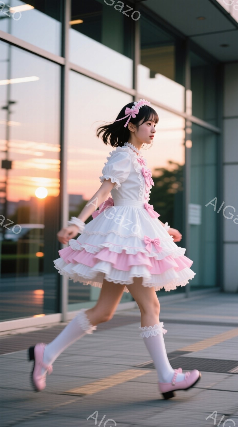 白とピンクのフリルが特徴的なロリータファッションのワンピースを着た女性が、歩道上を走っている様子が写っている。彼女は膝上まで届く白いソックスとピンク色の靴を履き、髪はリボンで飾られたツインテールにしている。背景には近代的な建物と夕焼けの空が広がり、全体的に夢幻的で可愛らしい雰囲気を醸し出している。