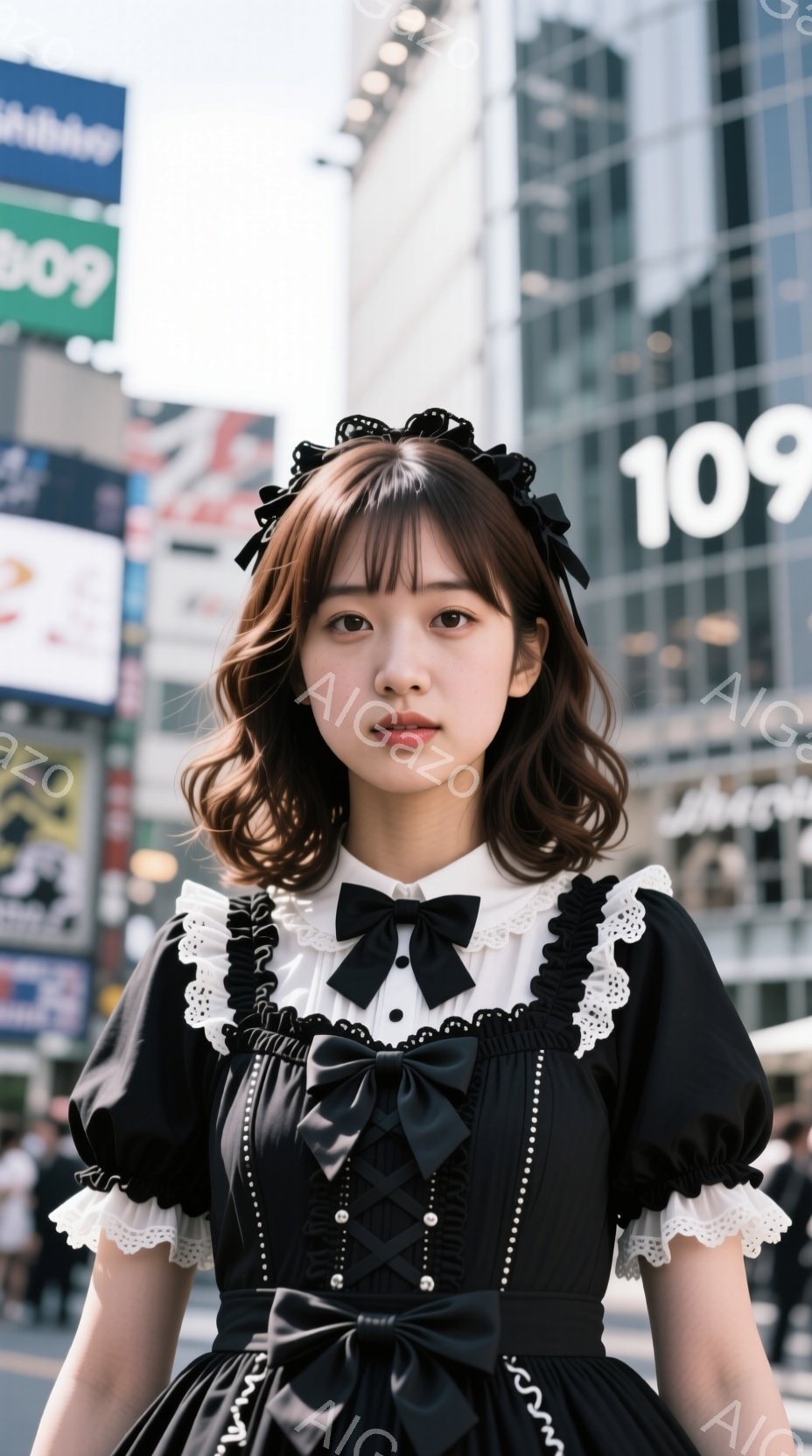 この女性は、黒と白のメイド風のドレスを着て、フリルとリボンが特徴的です。髪は肩までの長さで、ゆるいウェーブがかかっています。背景には高層ビルが立ち並び、賑やかな都会の通りで撮影されたことがわかります。 - AI生成フリー素材