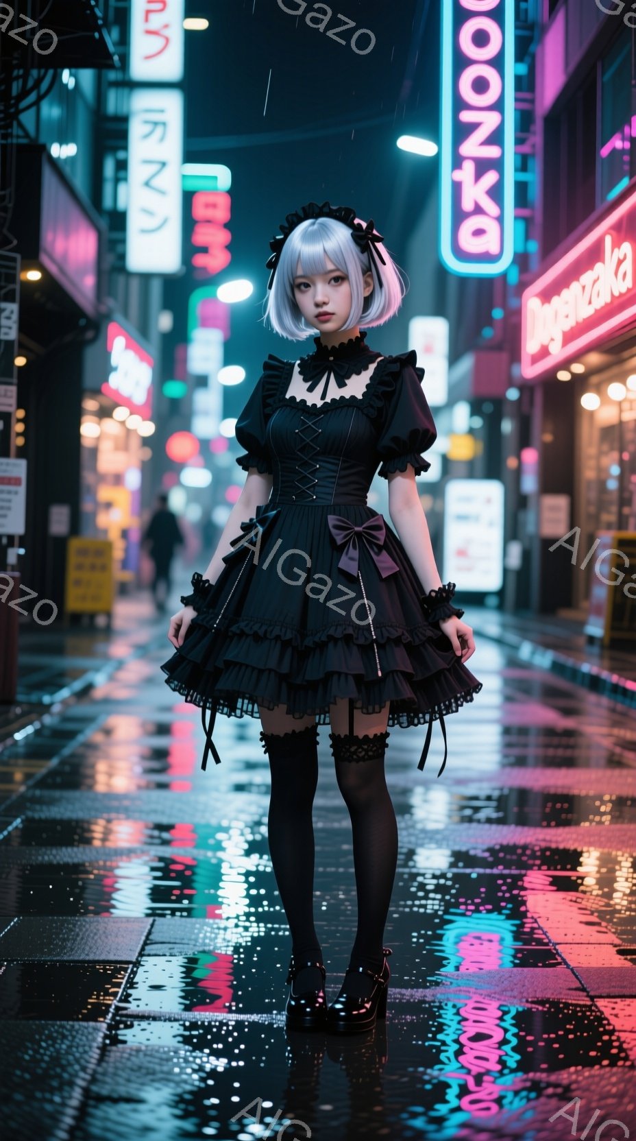 画像は、暗い雨の夜の街並みを背景に、ゴシックロリータ風の女性が立っている様子を捉えています。彼女は黒いフリルがたっぷりとしたドレス、黒いタイツ、黒いブーツを着用し、髪は銀髪で、前髪にはリボンが付いています。雨で濡れたアスファルトには、ネオンサインが反射し、幻想的で少し寂しげな雰囲気を醸し出しています。
