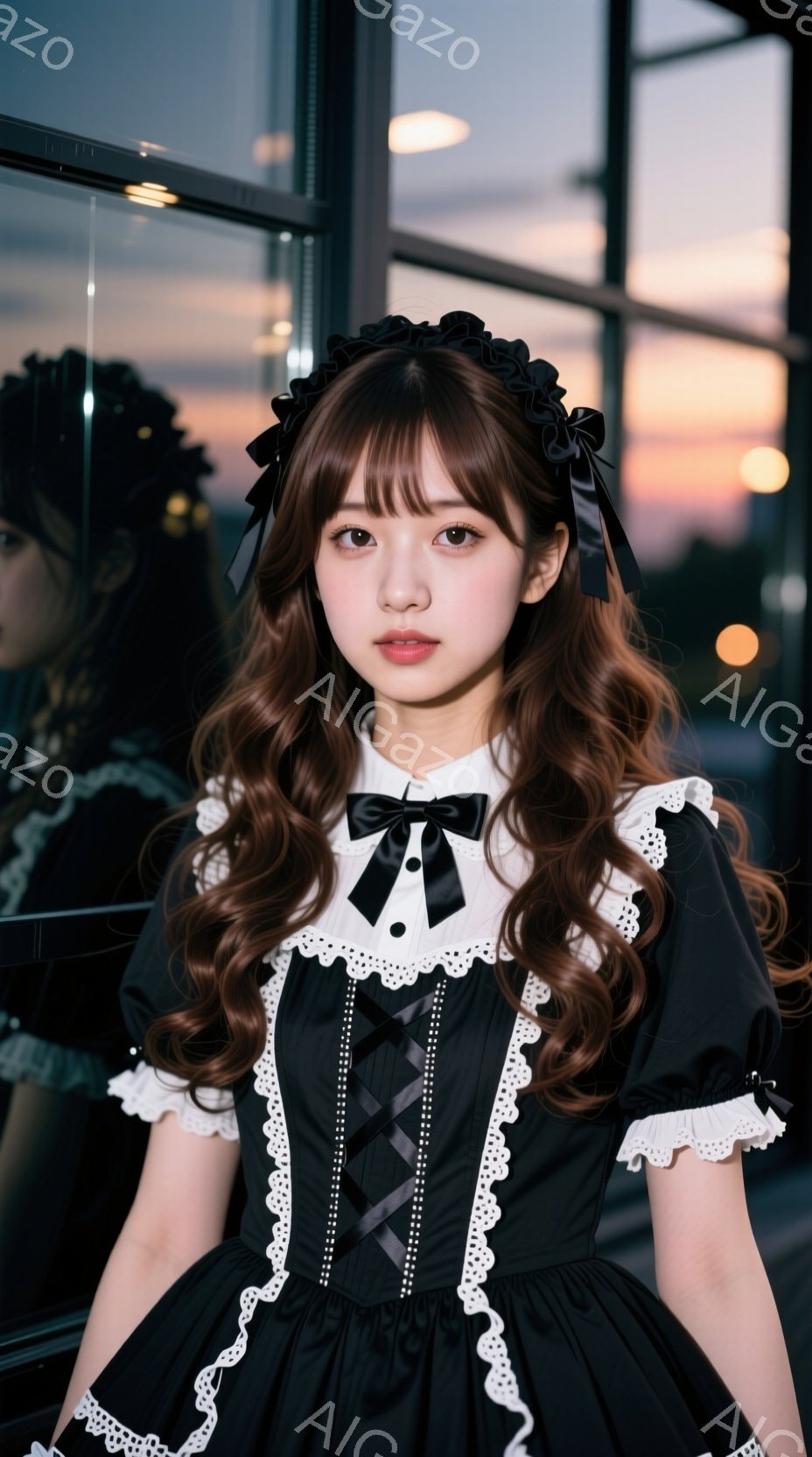 長い茶色の巻き髪に、大きなリボンが飾られた女性が写っている。黒いフリル付きのワンピースを着ており、顔色は白く、表情は少し憂いを帯びている。背景には、夕焼け空と近代的な建物の窓が写り、全体的にロマンチックで少し寂しげな雰囲気である。