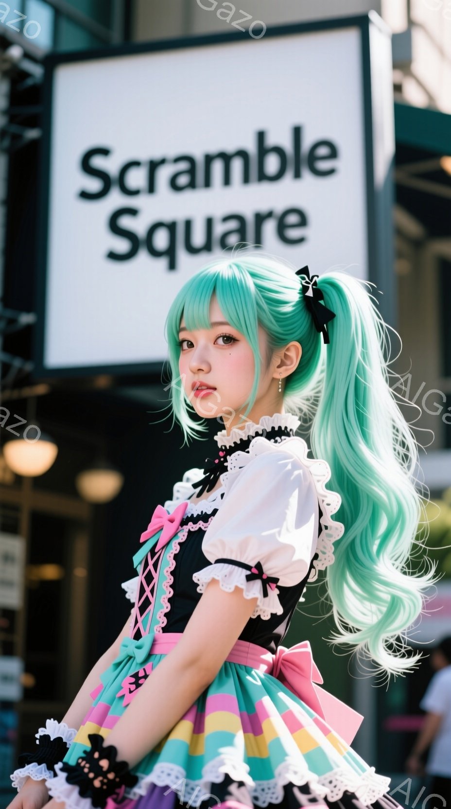 明るい緑色の長い髪をポニーテールにした女性が写っている。カラフルなストライプとフリルが特徴のロリータ風のドレスを身につけ、黒いリボンとフリルがアクセントになっている。背景には「Scramble Square」と書かれた看板があり、商業施設内である様子が伺える。