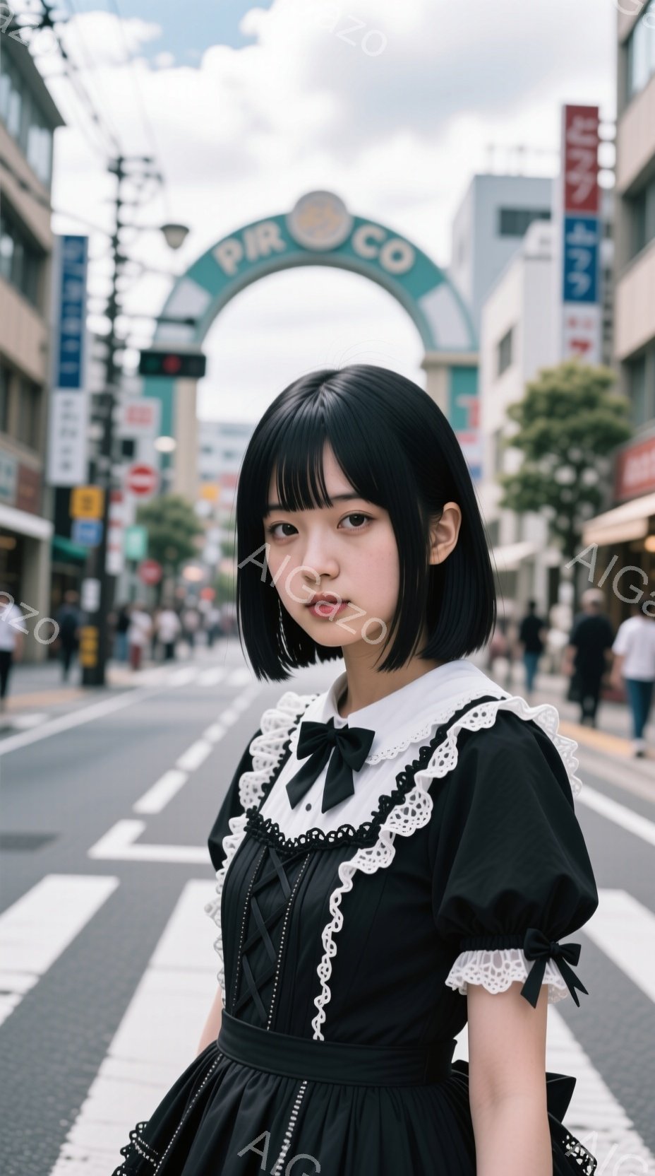 黒いフリル付きのワンピースを着た若い女性が、横断歩道でこちらを見て立っている。彼女は黒髪のボブスタイルで、控えめな表情をしている。背景には、アーチ型の看板と、日本の都市の街並みが広がっており、晴天の下、日常の風景が広がっている。