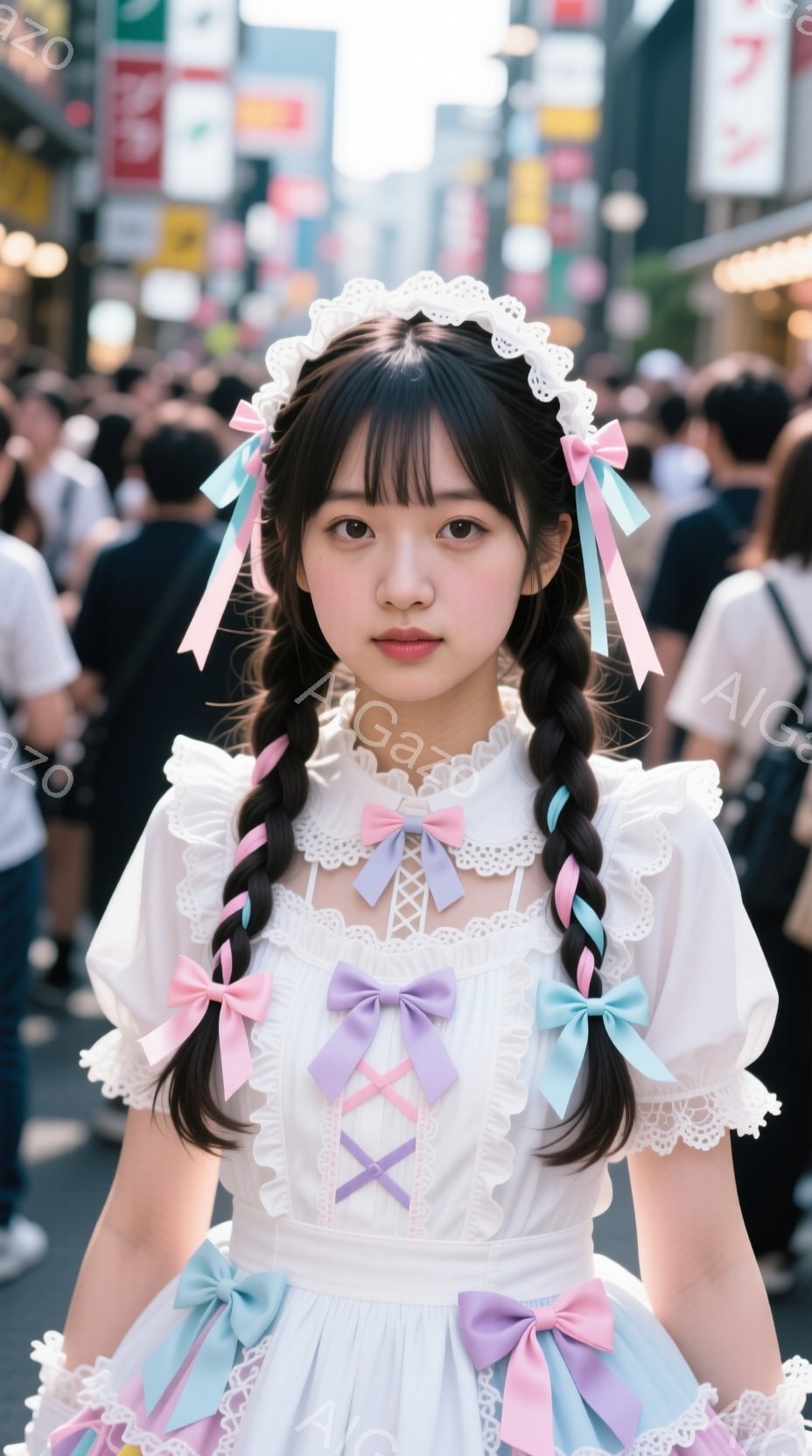 この女性は、白いレースの襟とフリルが特徴の可愛らしいワンピースを着て、黒髪をリボンで結んだツインテールにしています。彼女は少し微笑み、前を見つめており、とても上品な印象を与えます。背景には多くの人が歩 - AI生成フリー素材