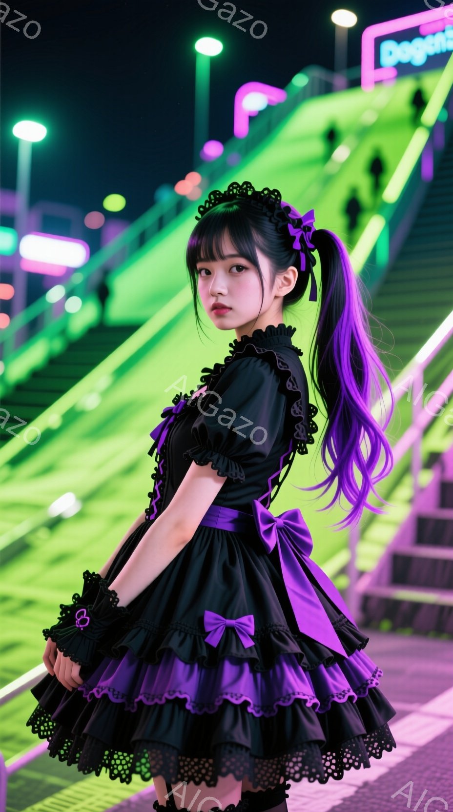 黒いフリルの多いゴシック調のドレスを着た若い女性が写っています。紫色のメッシュが入ったポニーテールで、少し微笑んだ表情をしています。背景は夜間の明るい緑色の階段とぼやけた街並みで、全体的に幻想的で少し - AI生成フリー素材