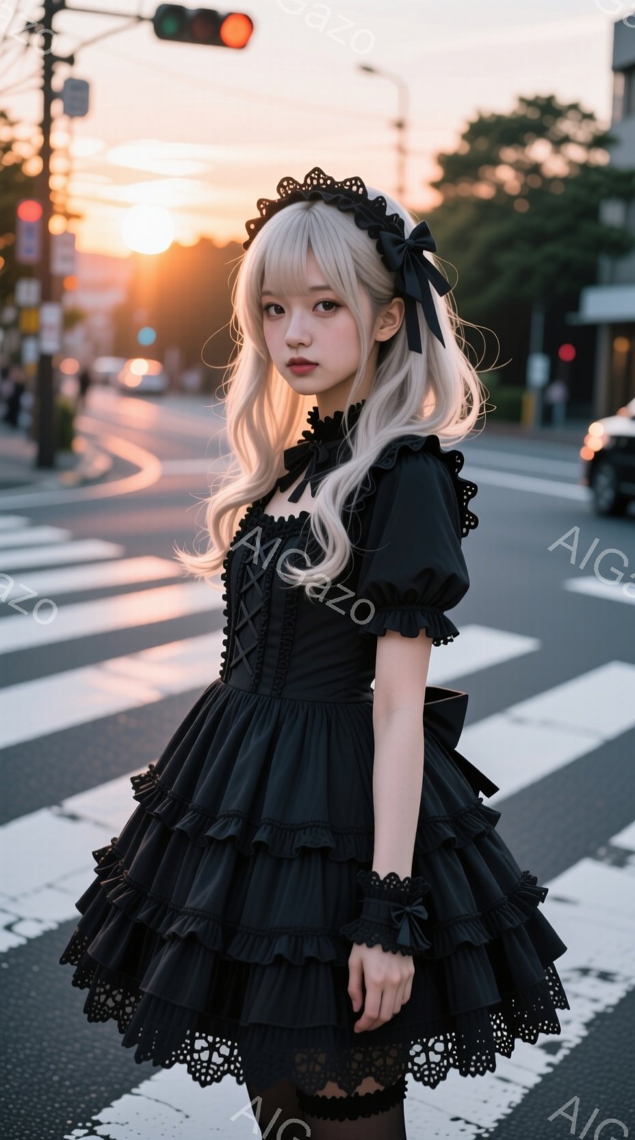 明るい髪の女性が、黒いフリル付きのゴシックロリータ風のドレスを着て、横断歩道に立っている。彼女は少し悲しげな表情でカメラを見つめ、髪にはリボンが飾られている。背景には夕暮れの空と、交通標識が見え、全体的に少し物憂げで美しい雰囲気を醸し出している。