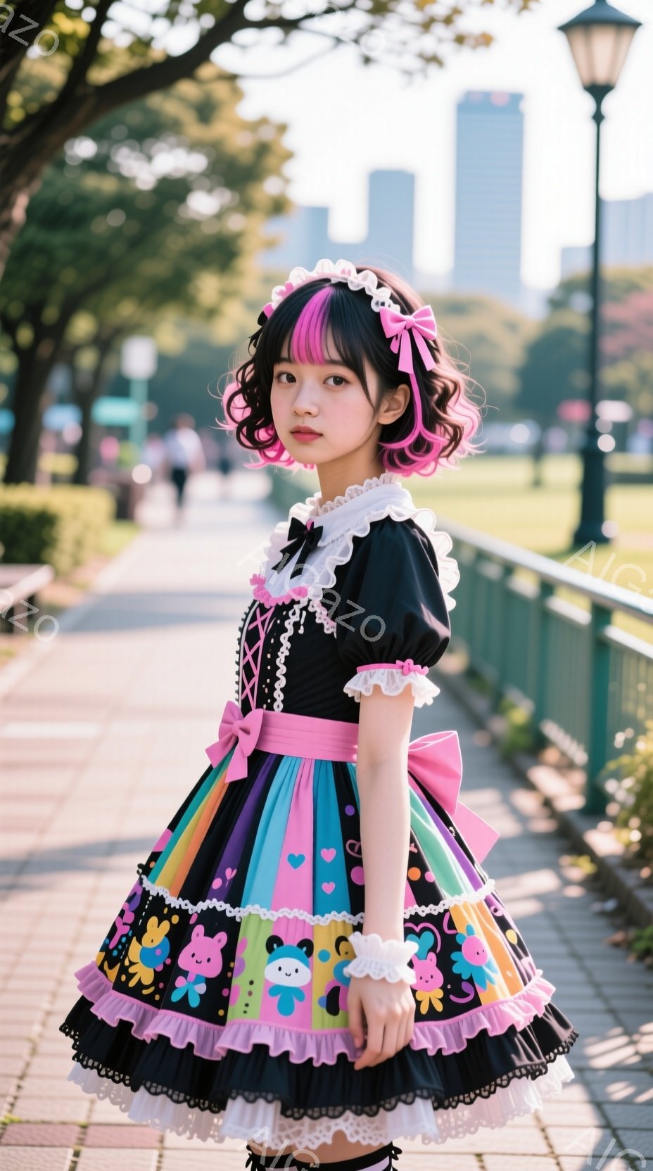 明るいピンクと黒のカラフルなロリータファッションを着た若い女性が写っています。彼女は髪をピンクと黒のツートンカラーにし、大きなリボンで飾っています。背景には緑豊かな公園と遠くに見える建物があり、晴天の - AI生成フリー素材