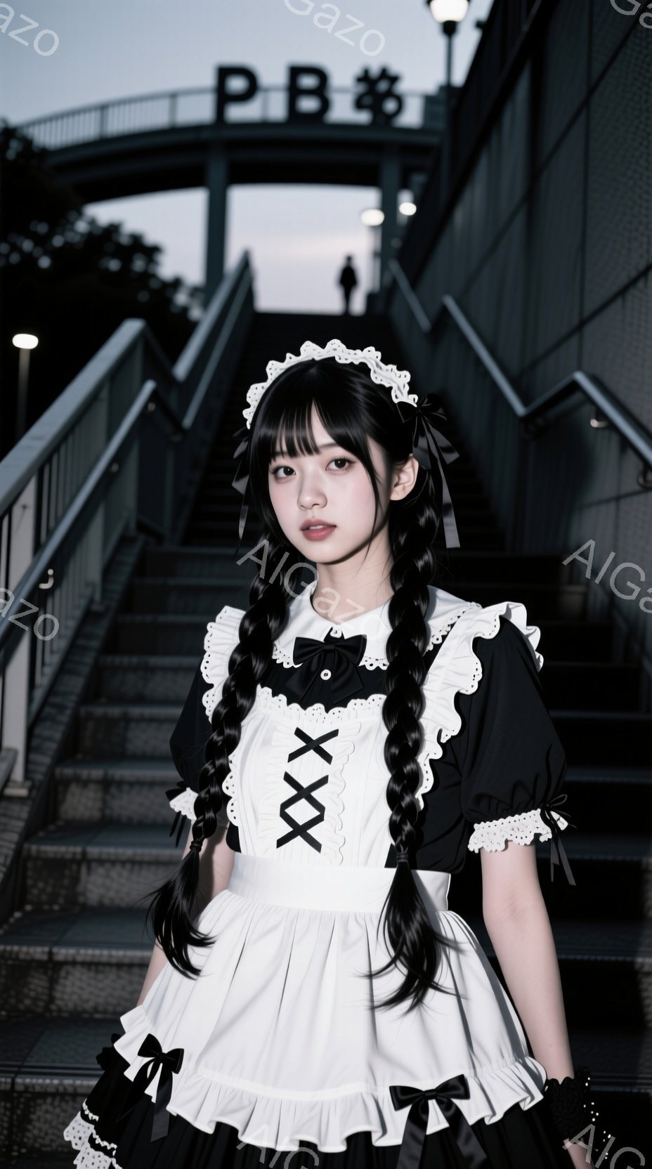 黒いロングヘアをツインテールにし、フリルとリボンが特徴的なメイド服を着た女性が写っている。彼女は階段の前で少し上目遣いをしており、どこか物憂げな表情をしている。背景には夜の街並みと階段が広がり、少し寂しげで幻想的な雰囲気を醸し出している。