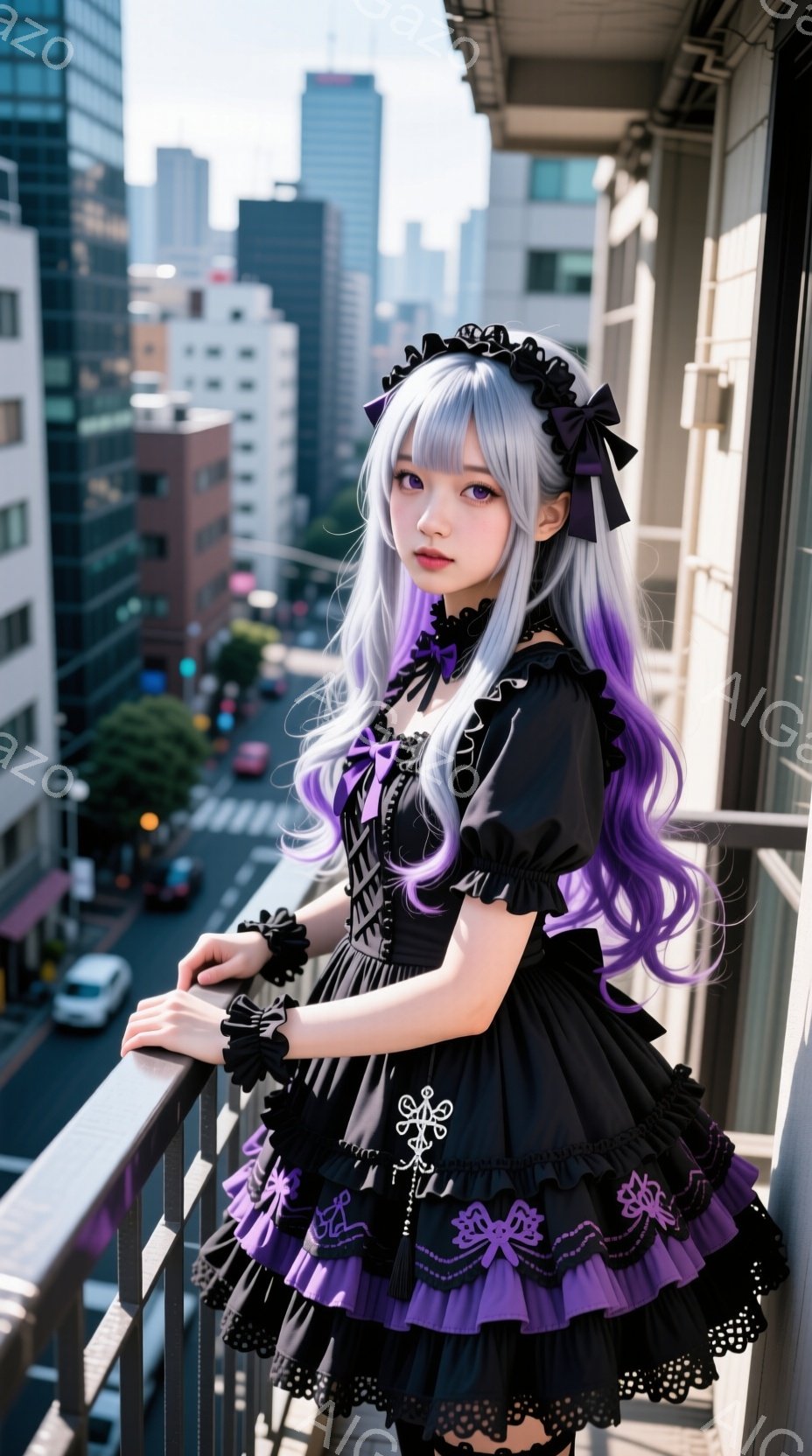 紫色の長いカールした髪と、黒と紫のフリルがたくさんついたゴシックロリータ風のドレスを着た女性がバルコニーに立っています。彼女は少し微笑んでおり、片手をバルコニーの手すりに置き、優雅な姿勢を保っています。背景には都市の建物と道路が見え、晴れた日の穏やかな雰囲気を感じさせます。