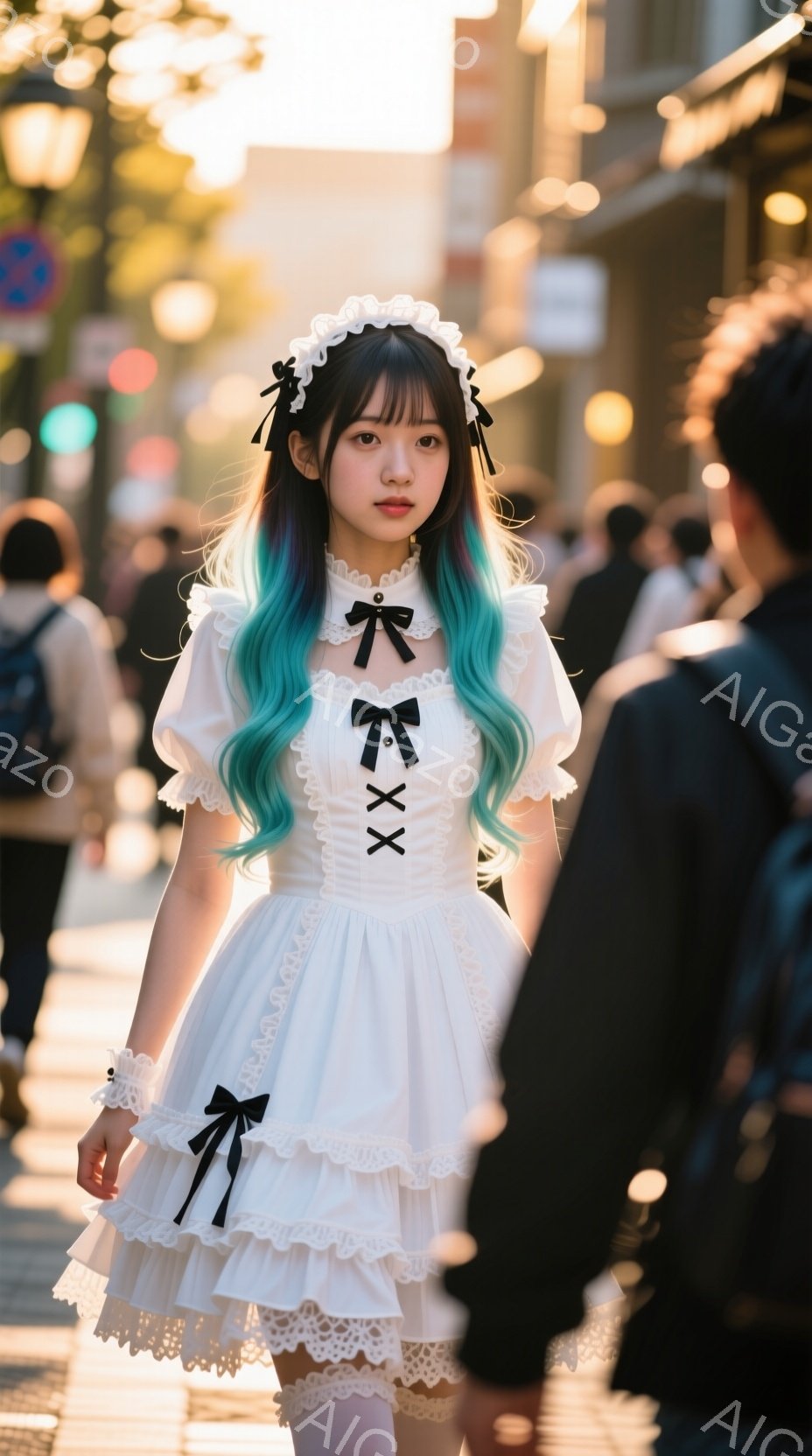 明るい青色のカールした髪の女性が、白いレースの装飾が施されたフリルのワンピースを着ています。彼女は少し微笑んでおり、前を向いて歩いています。背景には、ぼやけた建物と人々が見え、日中の賑やかな街並みが広がっています。