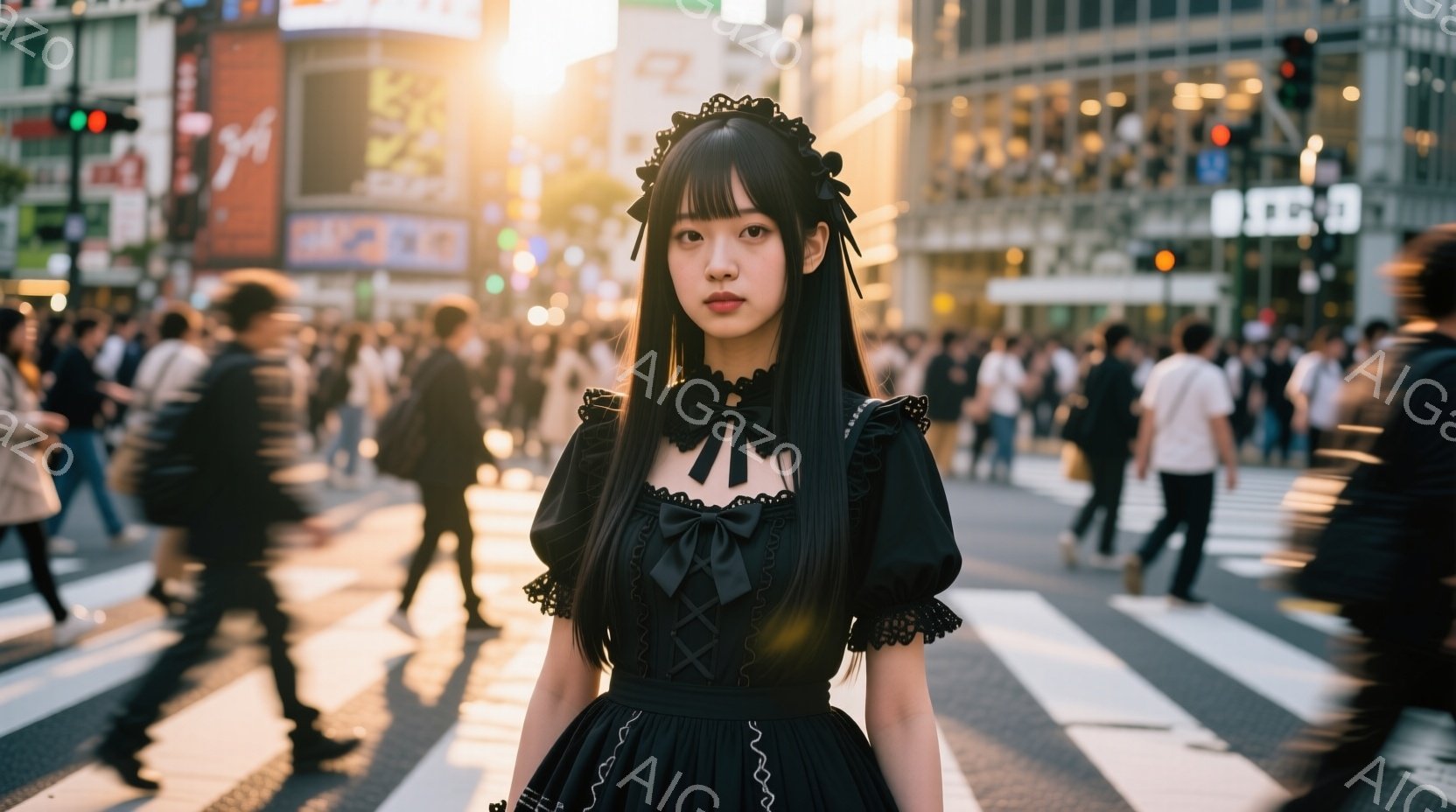 黒いゴシックロリータ風のドレスを着た若い女性が、人混みの中を横断歩道で立っている。彼女は長い黒髪をサイドに編み込み、白いリボンで飾っており、表情はやや無表情で、どこか憂いを帯びている。背景には高層ビル群が広がり、夕暮れ時の光が差し込み、人々の動きと相まって、どこか幻想的で物憂げな雰囲気を醸し出している。