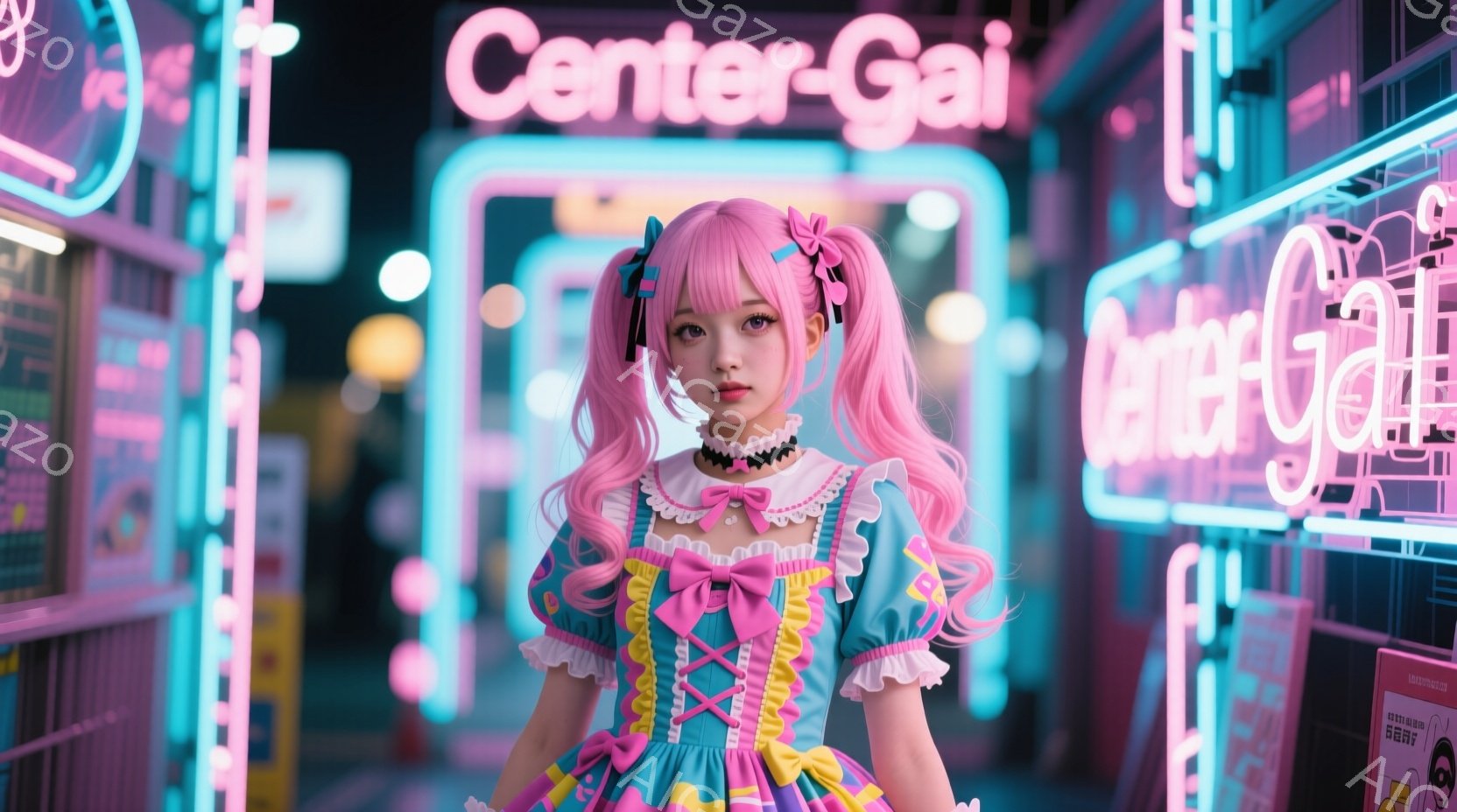 明るいピンク色のツインテールに、フリルをたっぷりあしらったパステルカラーのワンピースを着た若い女性が写っています。彼女はカメラに向かって少し微笑み、明るく元気な印象を与えます。背景にはネオンサインが輝 - AI生成フリー素材