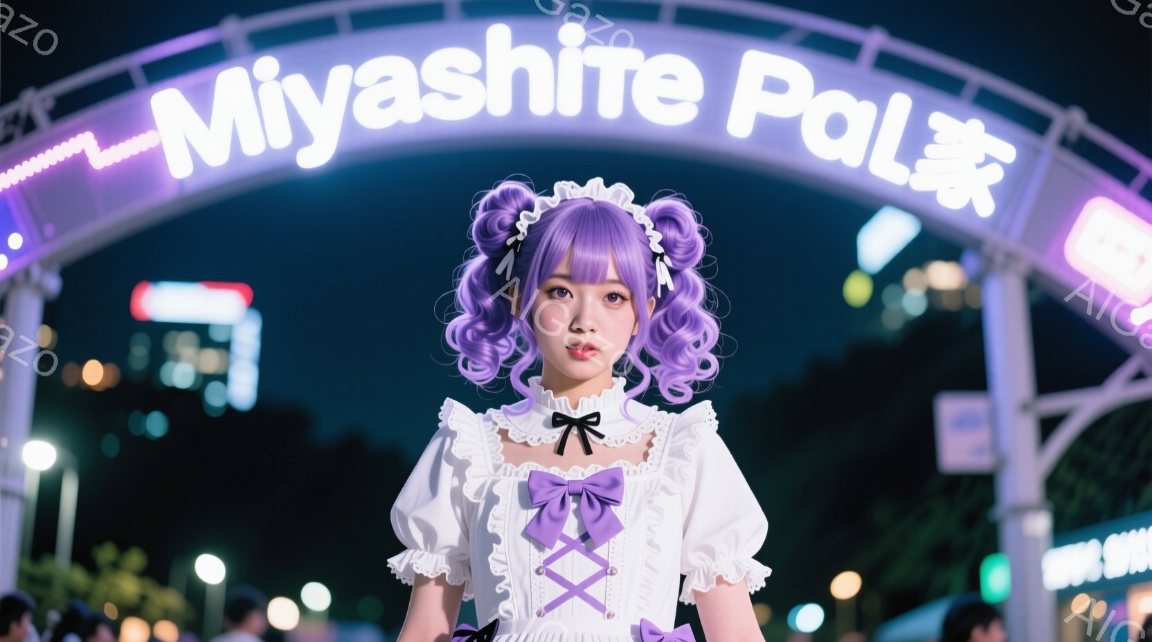 明るい紫色の髪をツインテールにした若い女性が、白いフリル付きのワンピースとリボンで装っています。彼女は正面をまっすぐ見つめ、少し微笑んでおり、可愛らしい雰囲気を醸し出しています。背景には「MIYASH - AI生成フリー素材