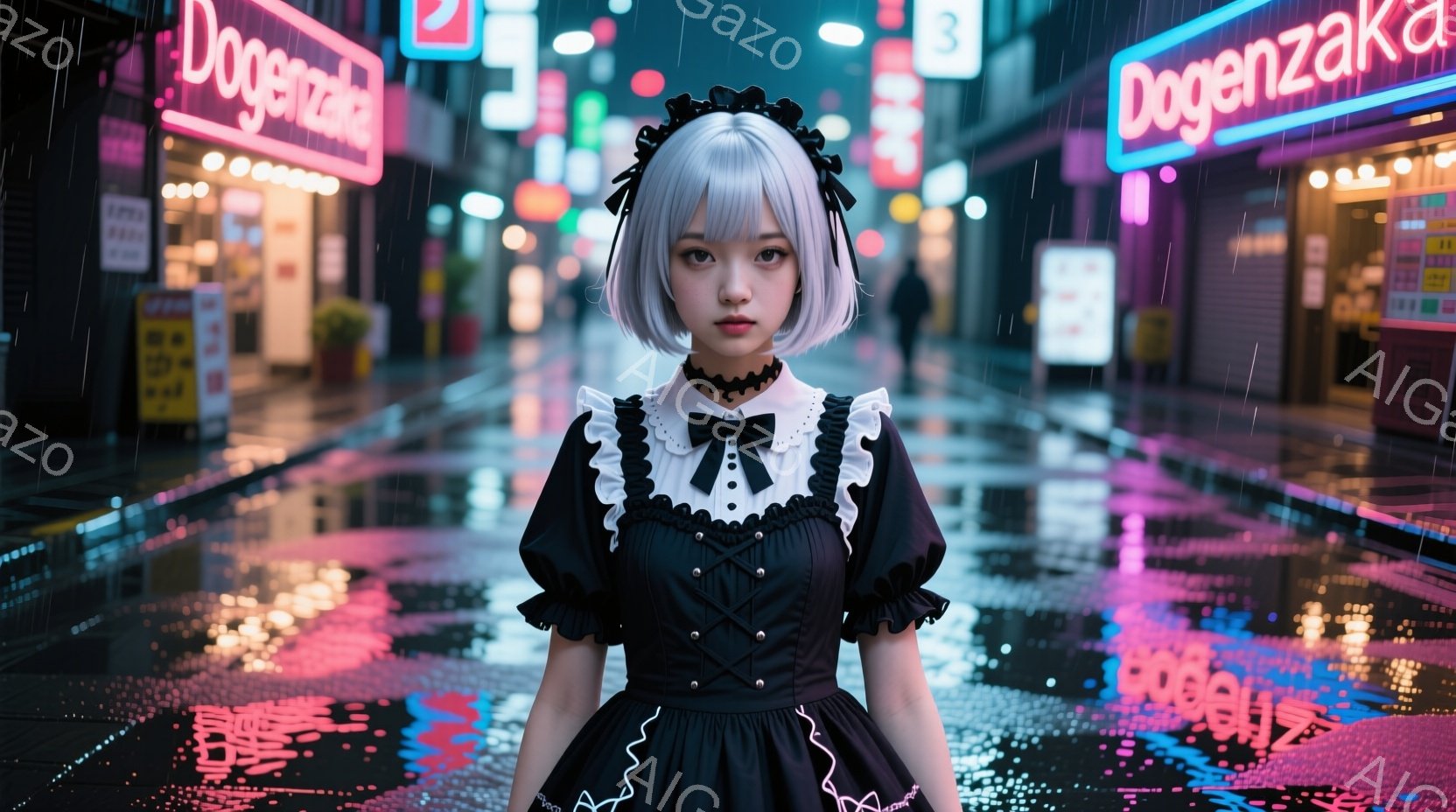 この画像は、メイド服を着た若い女性が雨の夜の街並みを背景に立っている様子を描写しています。彼女は明るい色の髪に黒いリボンをつけており、少し憂いを帯びた表情で正面を見つめています。背景にはネオンサインが輝き、濡れた路面に反射して幻想的な雰囲気を醸し出しています。