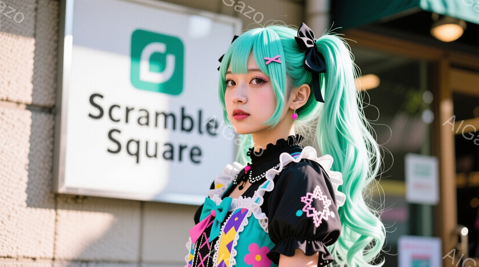 明るい緑色の長い巻き髪と、フリル付きの黒いドレスを着た若い女性が写っています。彼女は少し上目遣いで、少し微笑んでおり、ポーズをとっています。背景には、緑色の看板と店舗があり、晴れた日の賑やかな街並みの一部のようです。