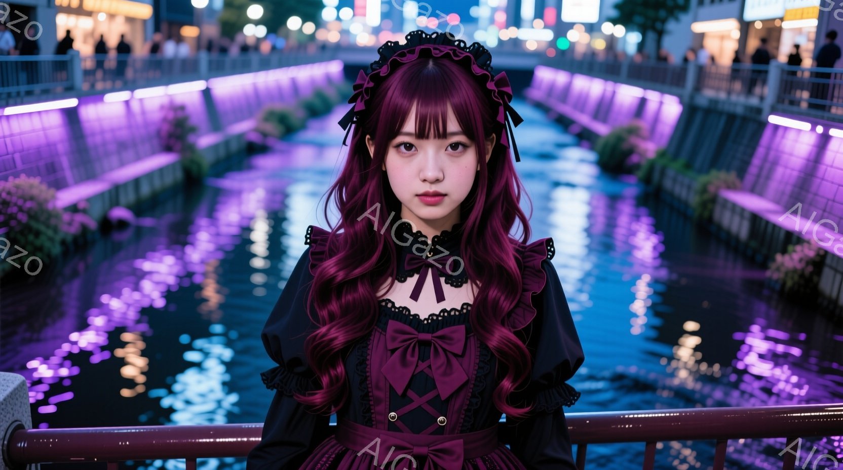 深紅色の巻き髪に、フリルとリボンをあしらったゴシック調のドレスを着た女性が写っている。彼女は穏やかな表情で正面を見つめ、少し微笑んでいるように見える。背景には、紫色のライトアップされた水路と、ぼやけた都市の夜景が広がり、幻想的な雰囲気を醸し出している。