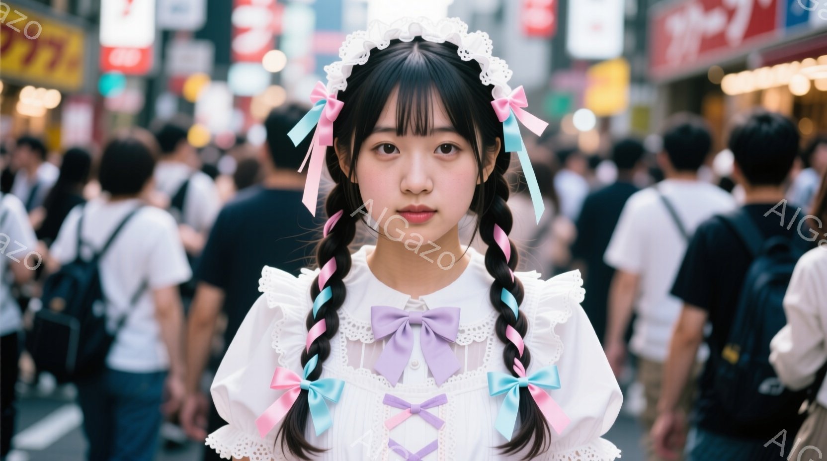 画像には、明るい表情でカメラを見つめる若い女性が写っています。彼女は、フリルとリボンが特徴の白いワンピースを着ており、髪は二つに分けて、それぞれにピンクと水色のリボンが付いた三つ編みにしています。背景 - AI生成フリー素材