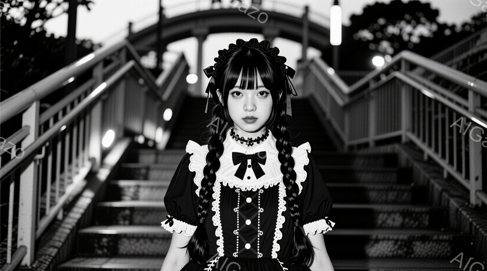 画像には、ロリータファッションを着た若い女性が写っている。彼女は黒と白のフリル付きのドレスを着ており、髪は二つに分けて三つ編みにされ、前髪は顔にかかっている。背景は階段状の構造物で、夜間の街並みがぼや - AI生成フリー素材