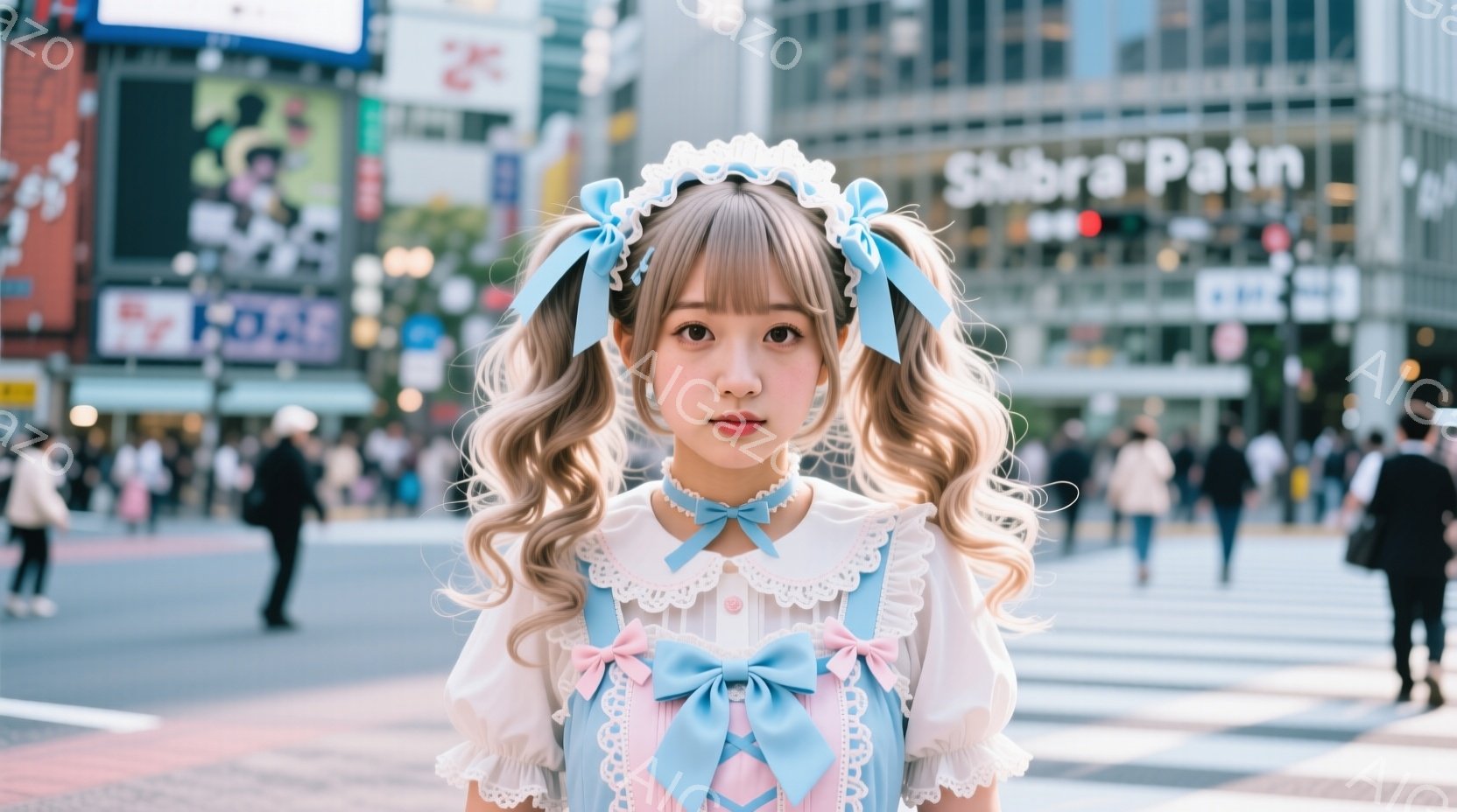 画像には、可愛らしい女性が写っており、ピンクと水色のフリル付きのワンピースを着ています。彼女は髪を高い位置で二つに結い、大きなリボンで飾っており、明るい笑顔を浮かべています。背景には賑やかな渋谷の街並 - AI生成フリー素材