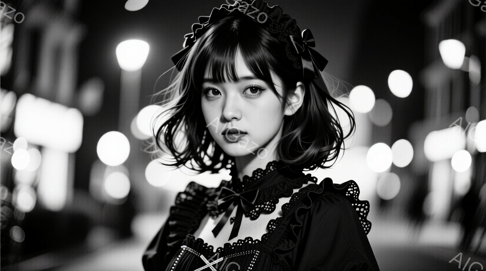 黒いフリルカラーのブラウスに身を包んだ若い女性が写っている。彼女は少し伏し目がちで、穏やかな表情を浮かべている。背景は夜の街並みで、ぼやけた光が点在しており、どこか幻想的な雰囲気を醸し出している。 - AI生成フリー素材