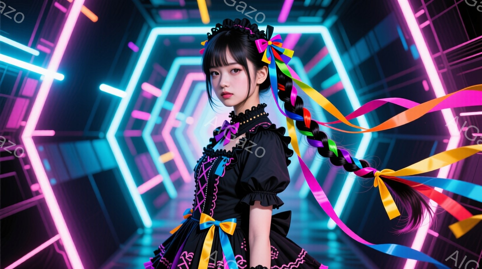 黒いフリルのドレスを着た若い女性が写っています。彼女は長い三つ編みヘアで、リボンが編み込まれています。背景はネオンライトで構成された幾何学模様のトンネルで、未来的な雰囲気です。