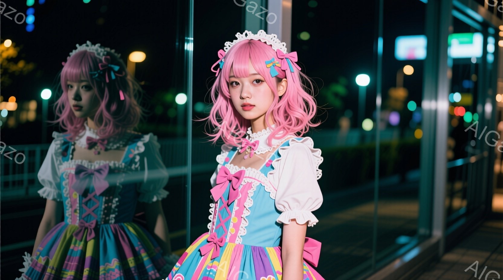 明るいピンク色の髪に大きなリボンをつけた女性が、フリルとリボンを多用したカラフルなロリータファッションを着ています。彼女は少し微笑んでおり、真剣な表情でカメラを見つめています。背景は夜の街並みで、ぼやけた光が都市の活気を感じさせます。