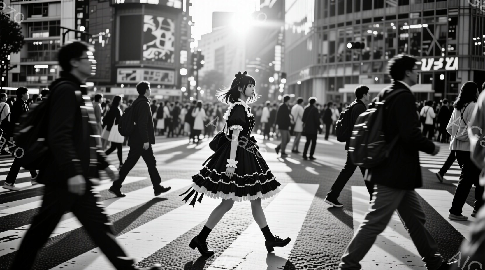 渋谷のスクランブル交差点で、ロリータファッションの女性が歩いている様子が捉えられている。黒いワンピースに白いフリル、そして膝丈の靴下とブーツを合わせ、髪はリボンで飾られている。背景には高層ビル群と多く - AI生成フリー素材