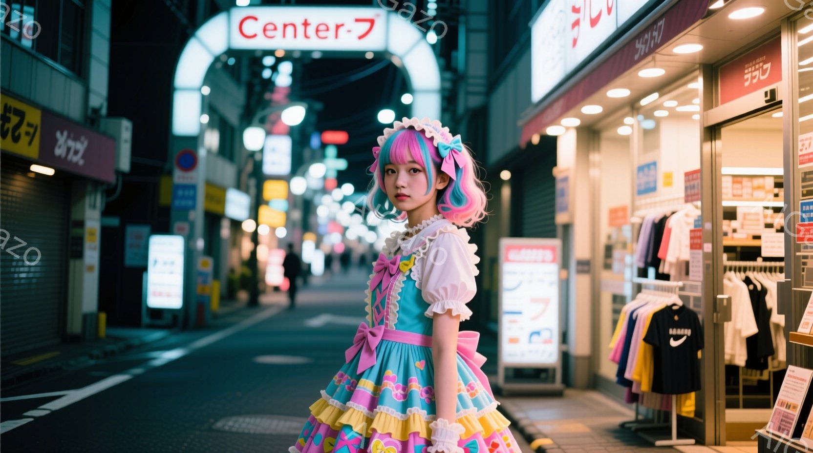 鮮やかなピンクと水色のフリルのドレスを着た若い女性が、夜の商店街でポーズをとっています。彼女の髪はピンクと紫のグラデーションで、頭には可愛らしいヘッドドレスをつけています。背景には、ネオンサインが輝く商店街の建物がぼやけ、夜の賑やかな雰囲気が伝わってきます。