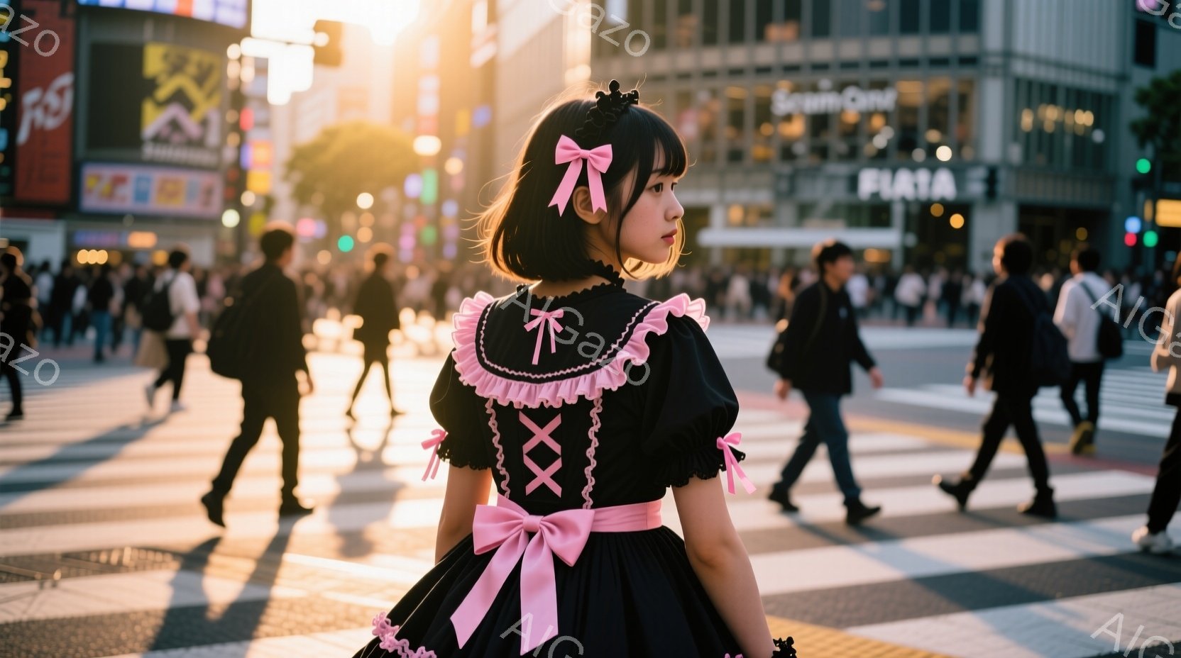黒いフリル付きのワンピースを着た若い女性が、交差点の中央を歩いています。彼女は背中に大きなピンクのリボンを結び、髪はピンクのリボンで飾られています。背景には高層ビル群が立ち並び、夕焼けの光が差し込み、賑やかな都会の雰囲気を醸し出しています。