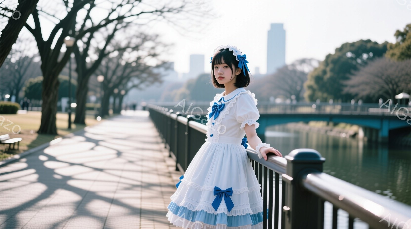 白いロリータ風のドレスを着た若い女性が、川沿いの柵にもたれて立っている。彼女は明るい茶色の髪を短いボブにし、青いリボンをつけている。背景には水面が輝く川と、ぼんやりとした都市のスカイライン、そして冬の木々が広がっており、穏やかで少しノスタルジックな雰囲気を醸し出している。