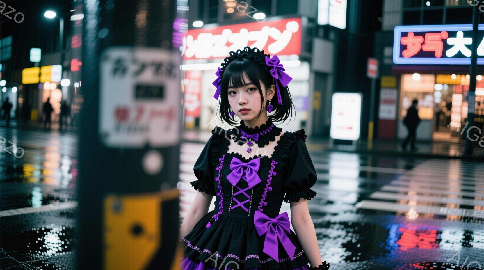 黒いフリルのドレスを着た若い女性が、夜の街を背景に立っている。ドレスは紫色のリボンとレースで飾られており、ゴシックロリータ風のスタイルを強調している。彼女は少し微笑んでおり、自信に満ちた表情でカメラを見ている。