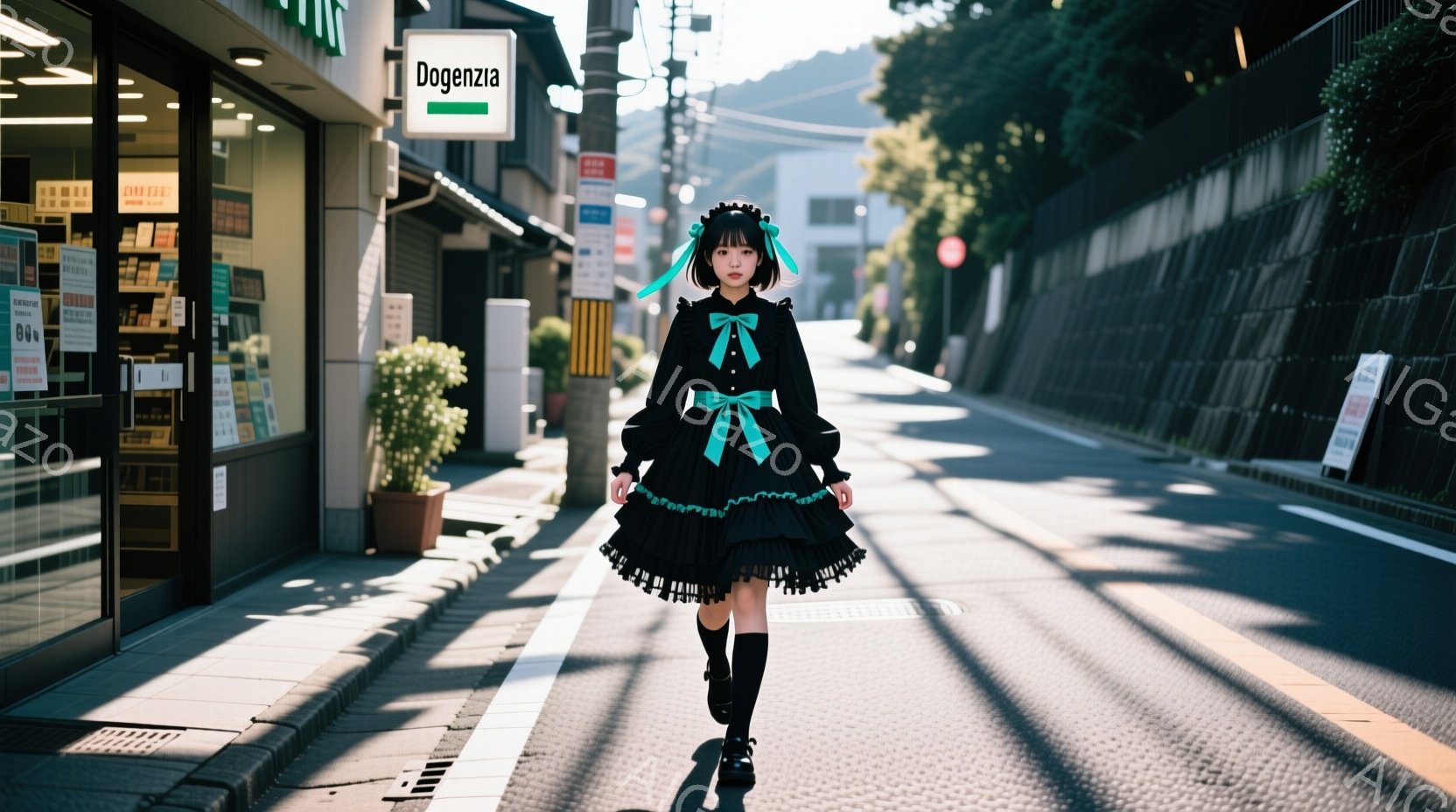 黒いフリルたっぷりのワンピースを着た少女が、石畳の道の中央を歩いている。彼女は黒いニーハイソックスと靴を履き、髪には大きなリボンが付いたカチューシャをつけている。背景には商店や住宅が並び、日差しが強く、影が伸びていることから晴天であることがわかる。