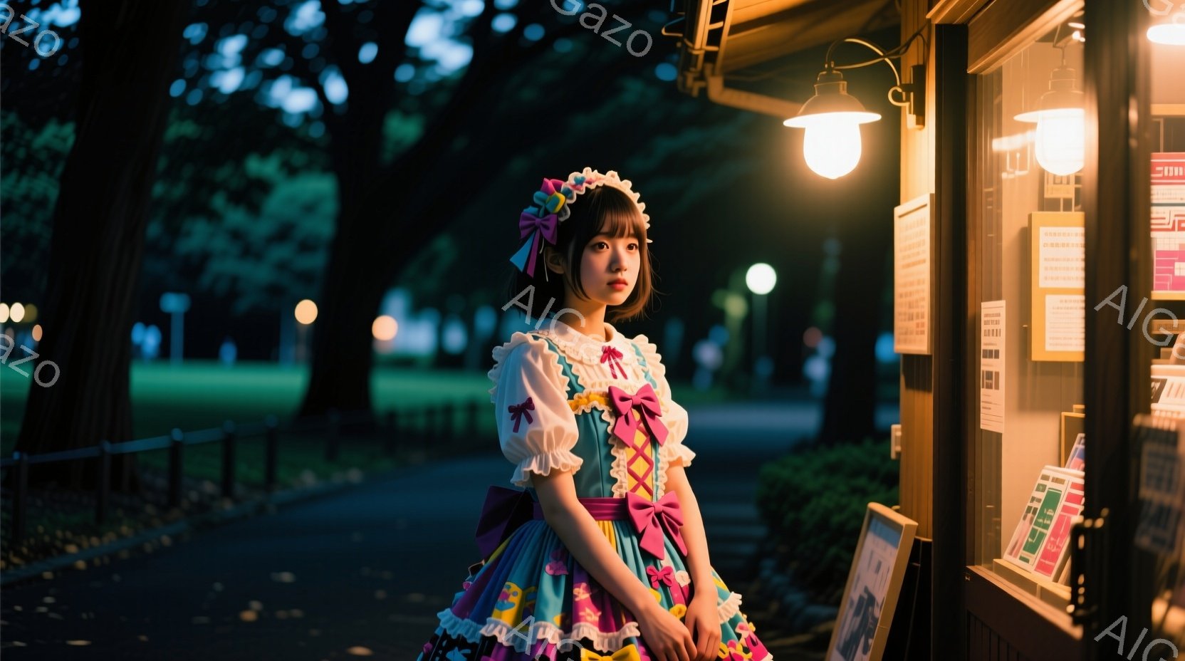明るい色のロリータファッションを着た若い女性が写っている。彼女はフリルのついたミニドレス、リボン、ヘッドドレスを身につけており、少し物憂げな表情をしている。背景には暗い公園とぼんやりとした街灯、そして - AI生成フリー素材