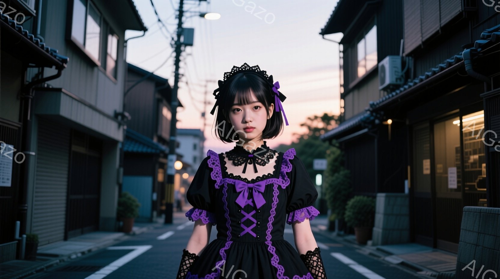 黒いゴシックロリータ風のドレスを着た若い女性が、狭い路地の真ん中に立っている。彼女は黒いリボンで飾られた茶色の髪を持ち、少し不機嫌そうな表情をしている。背景には日本の伝統的な木造家屋が並び、薄暮の空が広がっている。