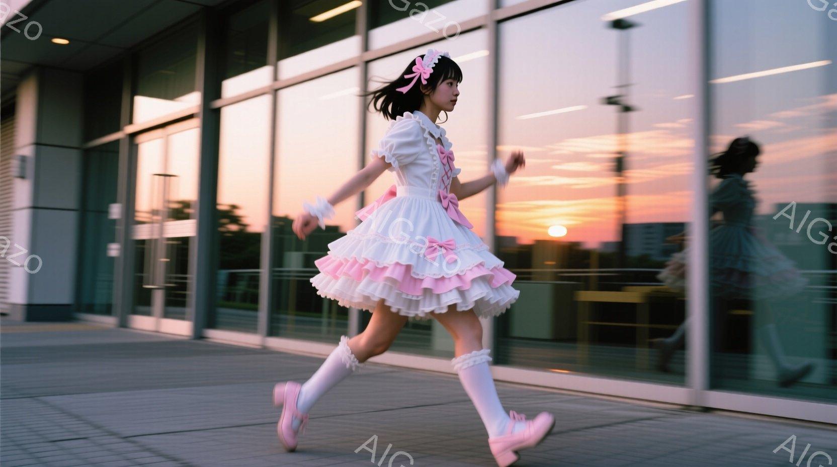 少女は、ピンクと白のフリルが特徴的なロリータファッションのドレスを着て、走り出しています。長い黒髪はリボンで結ばれ、膝上まである白いソックスとピンク色の靴を履いています。背景には近代的な建物と夕焼けの空が広がり、活気がありロマンチックな雰囲気を醸し出しています。
