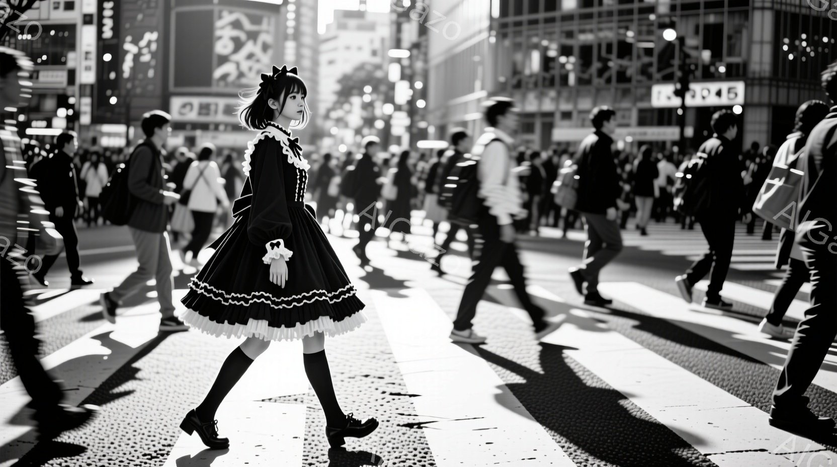 白黒写真には、東京の賑やかなスクランブル交差点で、フリルのついた黒いゴシックロリータ風のドレスを着た若い女性が歩いている様子が捉えられています。彼女は膝上までの靴下と、控えめな表情で、周囲の多くの歩行者の中に溶け込んでいます。背景には高層ビルがぼやけ、夜間の都市の活気と、個性的で目立つ女性の姿が対照的に描かれています。