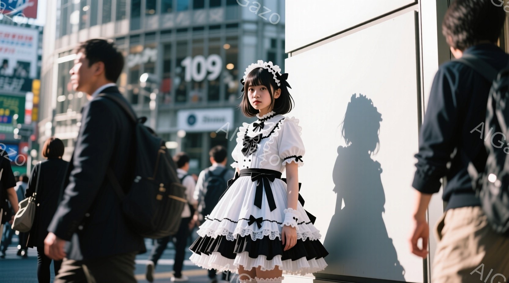 白いフリル付きのロリータファッションを着た若い女性が、人通りの多い街角に立っている。彼女は黒いリボンで髪を結い、少し憂いを帯びた表情で正面を見つめている。背景には高層ビルや歩行者が写り込み、賑やかな都市の様子が伺える。