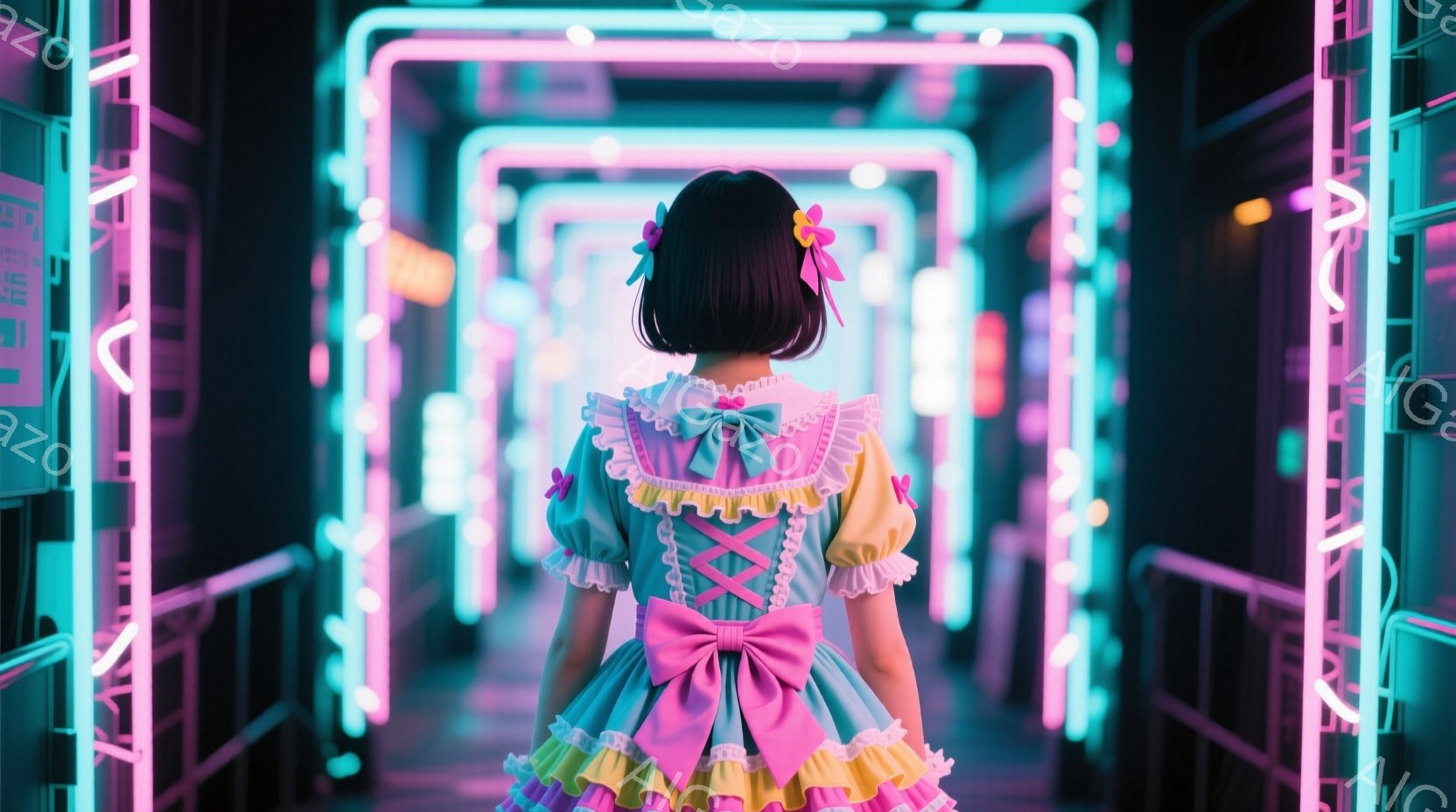 長い黒髪にピンクと黄色のリボンをつけた少女が、フリルとリボンが特徴的なパステルカラーのワンピースを着ています。彼女は背を向けて立っており、細長いネオンライトで構成された迷路のような通路の中心に位置しています。通路は明るいピンクと水色の光で照らされ、未来的な雰囲気と夢のような幻想的な雰囲気を醸し出しています。