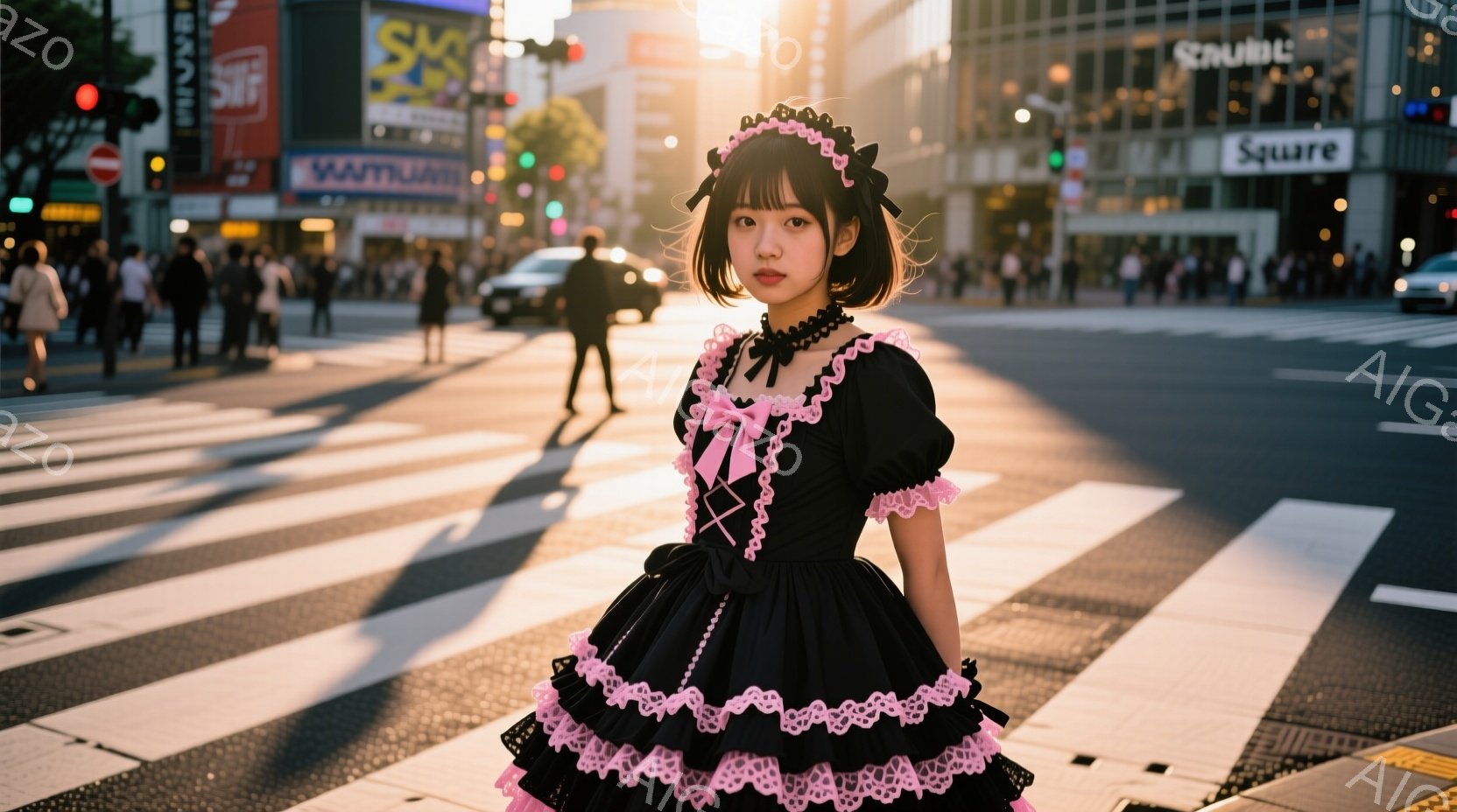 黒とピンクのフリルが特徴的なロリータファッションを着た若い女性が、東京の賑やかなスクランブル交差点の中心に立っている。彼女は少し微笑んでおり、前髪を揃えたダークヘアが印象的だ。背景には高層ビル群と多くの歩行者がぼやけて写っており、夕暮れ時の暖かく鮮やかな光が全体を照らしている。