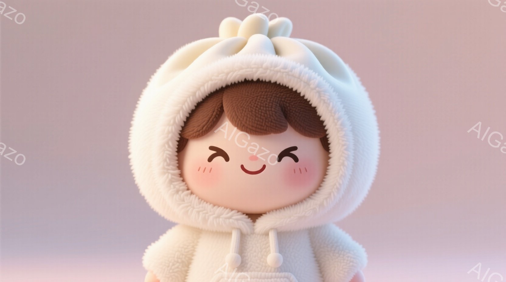 「小籠包です」と同期から送られてきた。　ふわふわの白いパーカーを着て、頬を赤く染めた可愛らしい少女が描かれています。短くて茶色の髪はパーカーから少し覗き、つぶらな瞳と穏やかな笑顔が印象的です。背景は淡 - AI生成フリー素材