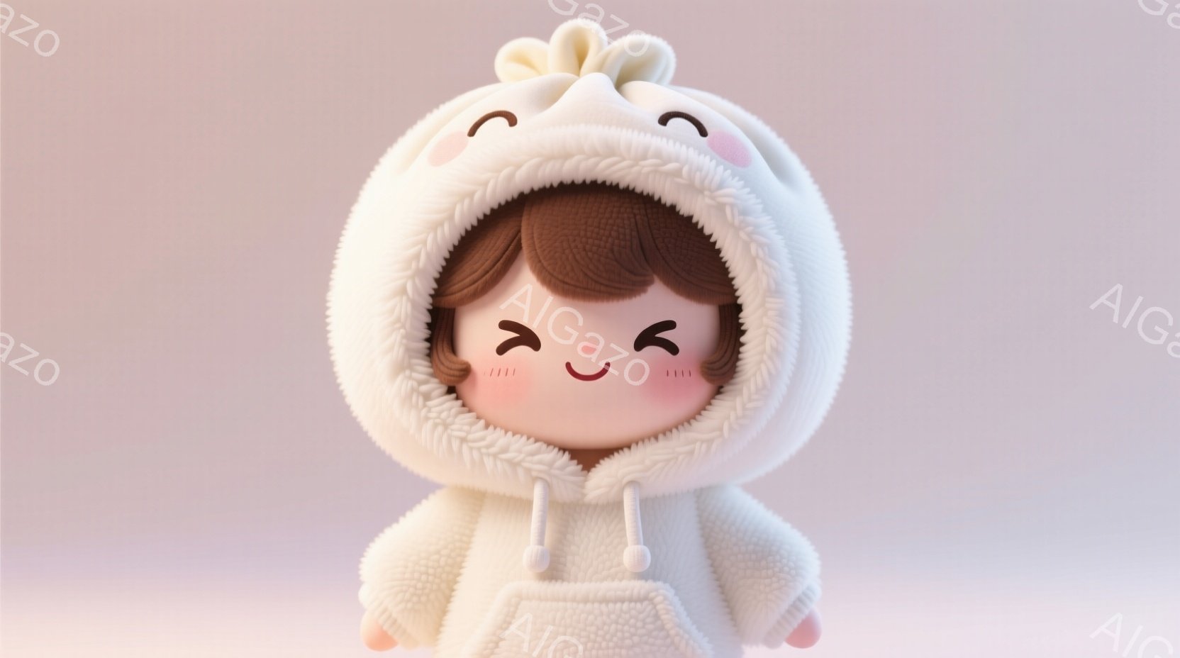 「小籠包です」と同期から送られてきた。　茶色の短い髪を持つ、可愛らしい女の子が描かれています。ふわふわの白いパーカーを着ており、パーカーには耳が付いています。彼女はほほ笑んでおり、丸い頬が赤く染まって - AI生成フリー素材