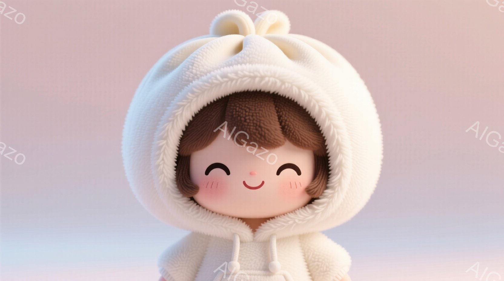 「小籠包です」と同期から送られてきた。　ふわふわの白いパーカーを着た、幼い女の子が写っています。大きなつぶらな瞳と赤い頬は可愛らしく、口元は穏やかな笑顔を浮かべています。背景は淡いピンク色でぼやけており、柔らかく温かい雰囲気を醸し出しています。