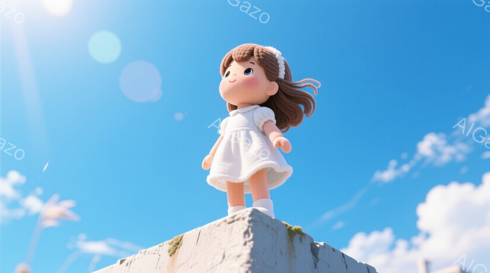 踏んでしまった　かもしれない　明るい青空の下、茶色の巻き毛に白いワンピースを着た少女が、緑色の土の上の丘の頂上に立っている。彼女は少し上を見上げ、穏やかな笑顔を浮かべており、とても可愛らしい印象を与える。背景には白い雲が広がり、全体的に暖かく、希望に満ちた雰囲気である。